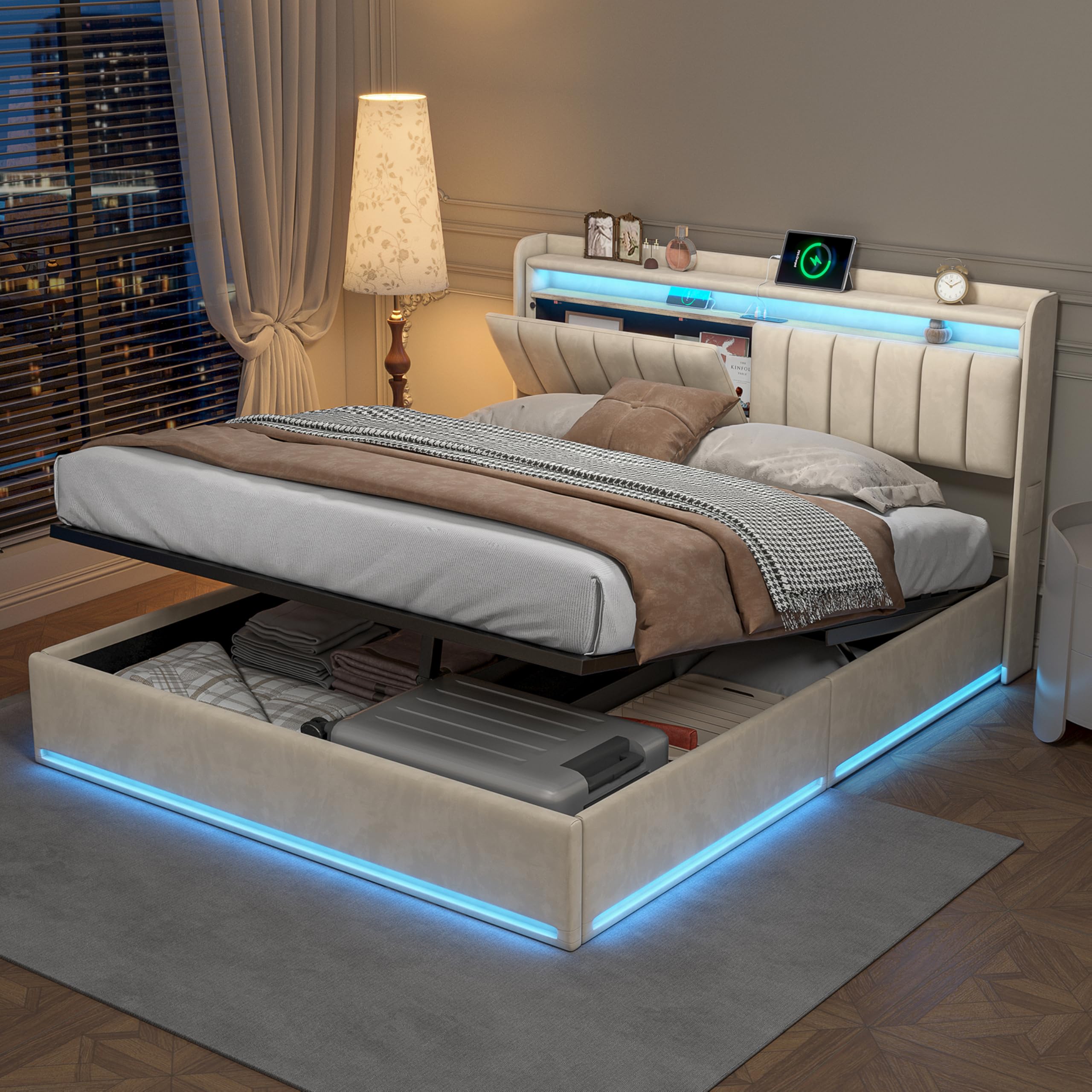 Letto Matrimoniale con Contenitore 160x200 cm, Letto Imbottito con illuminazione a LED e USB, letto matrimoniale imbottito,Letto Baule Testiera con Funzione di Stoccaggio, Velluto Beige