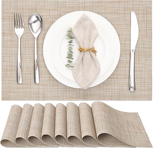 Myir JUN Juego de 8 manteles individuales tejidos de vinilo, para interiores, lavables, antideslizantes, para mesa de comedor (color beige, juego de