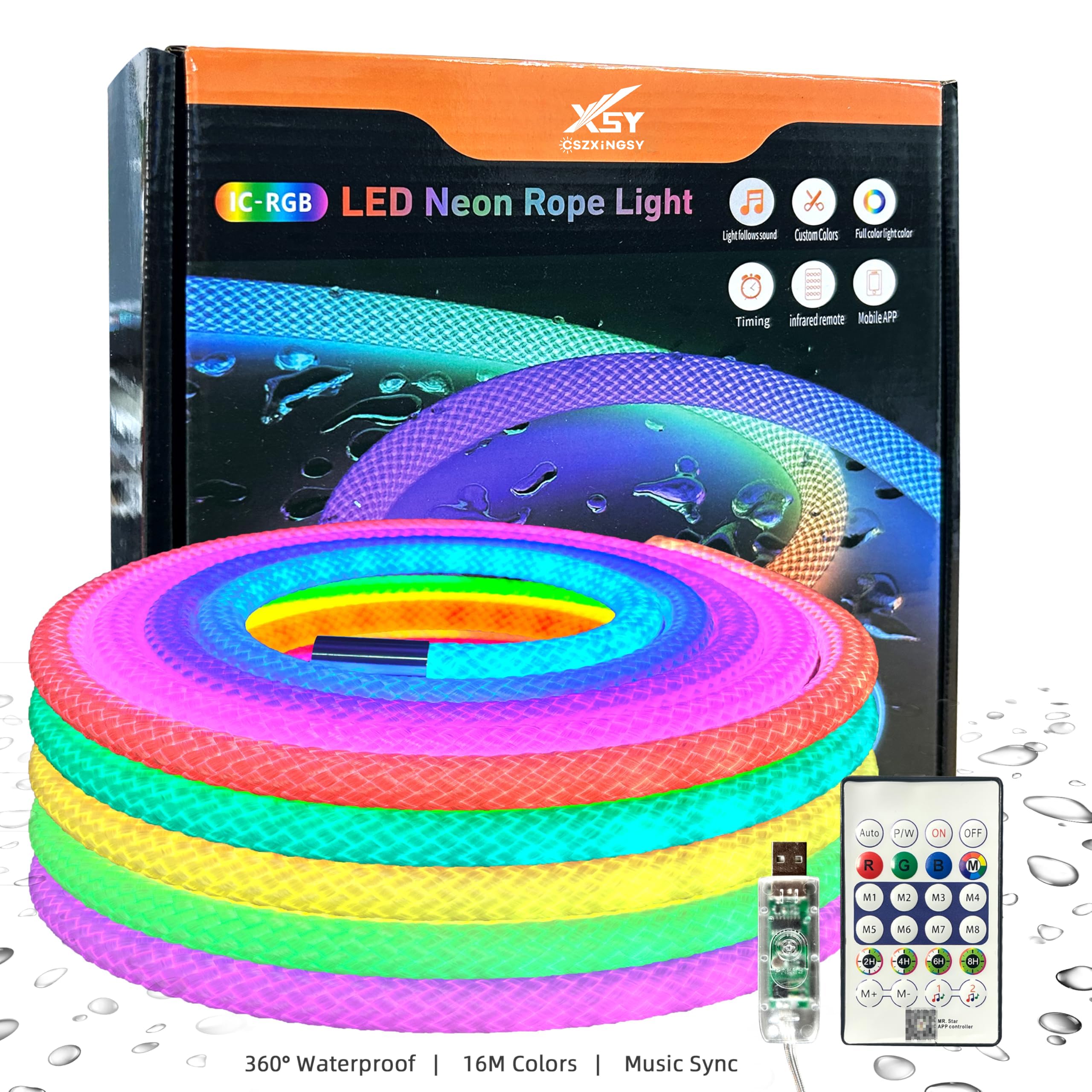 16.4ft LED Neon Rope Lights, Waterproof Music Sync Strip Lights with Remote & APP Control, USB-Powered Flexible Lighting for Christmas Halloween Decor