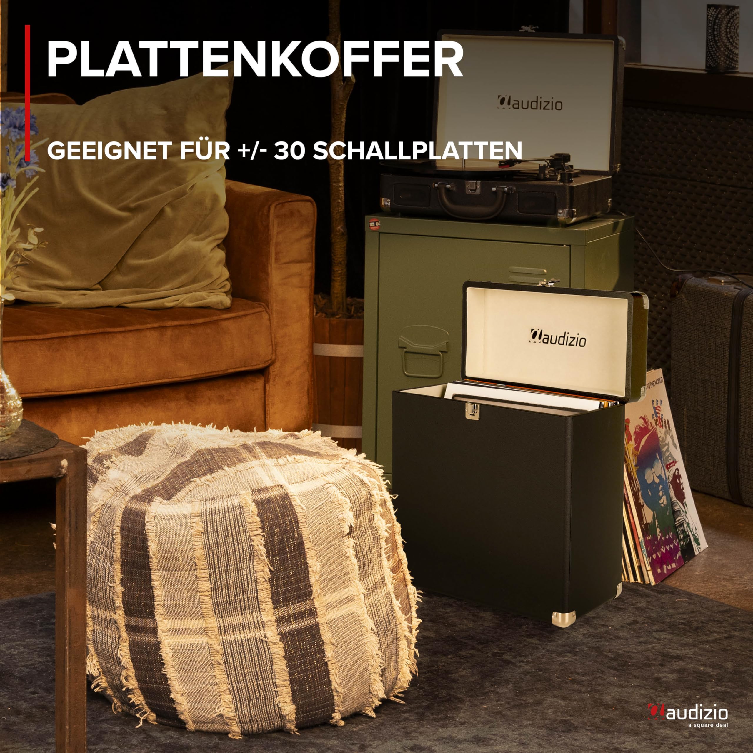 Audizio RC32 - Robuster Koffer für Schallplatten Aufbewahrung - Design Vinyl Holder - Plattenkoffer für Vinyl Aufbewahrung - Schallplatten Zubehör - Schwarz