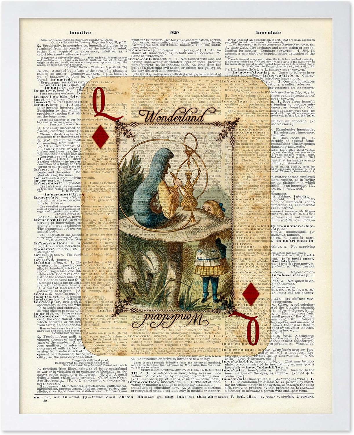 Poster Master Red Queen Print - Dictionary Poster - Queen of Hearts Card Art - Alice Wonderland Wall Design - Gift for Boy, Girl - Rustic Decor for Nursery, Kid's Room - 11x14 Black Framed