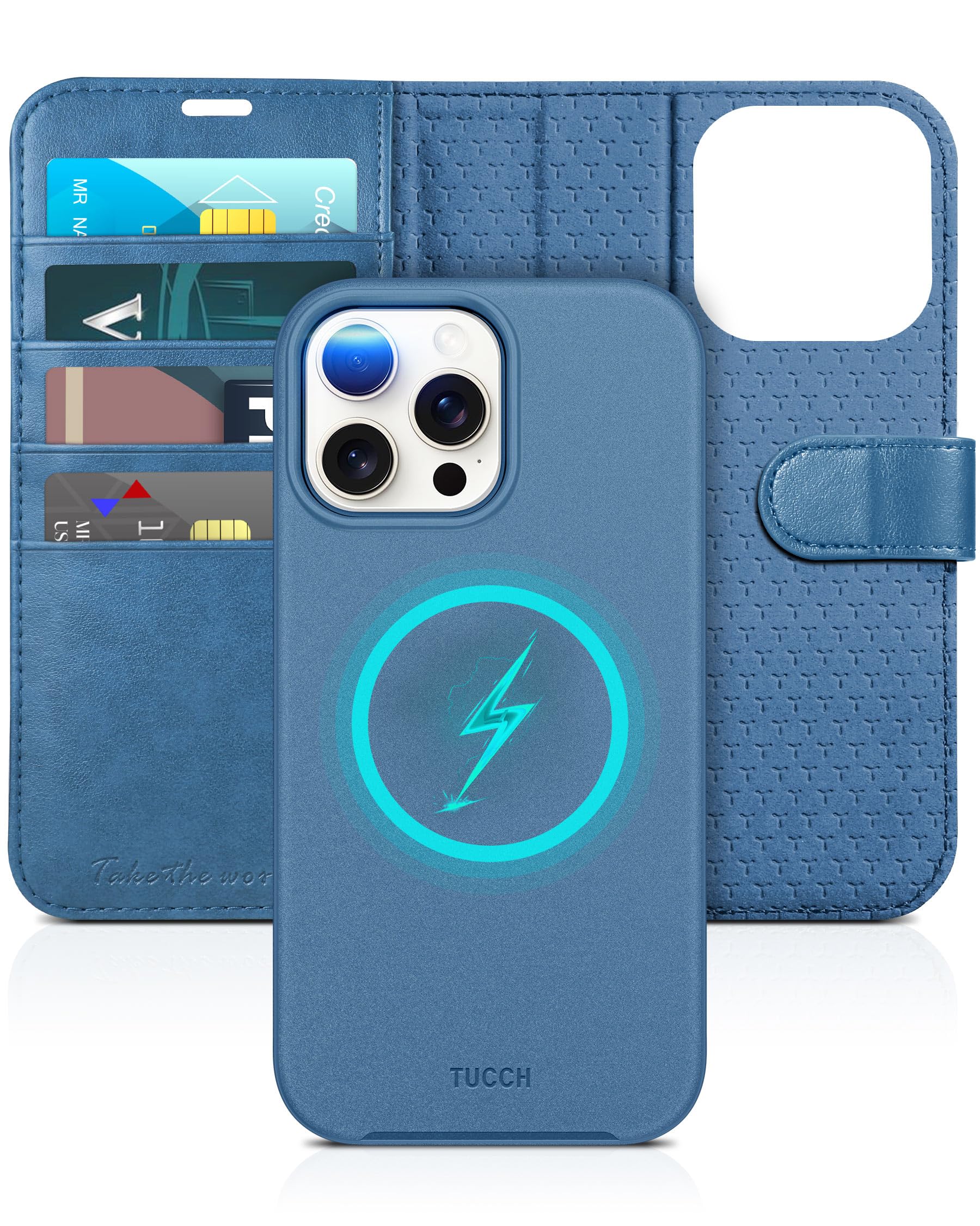 TUCCH Wallet Case for iPhone 15 Pro Max, Detachable 2-in-1 Stand RFID Blocking 4 Card Slot [Wireless Charging] Protective Case, PU Leather Removable Folio Compatible with iPhone 15 Pro Max, Lake Blue