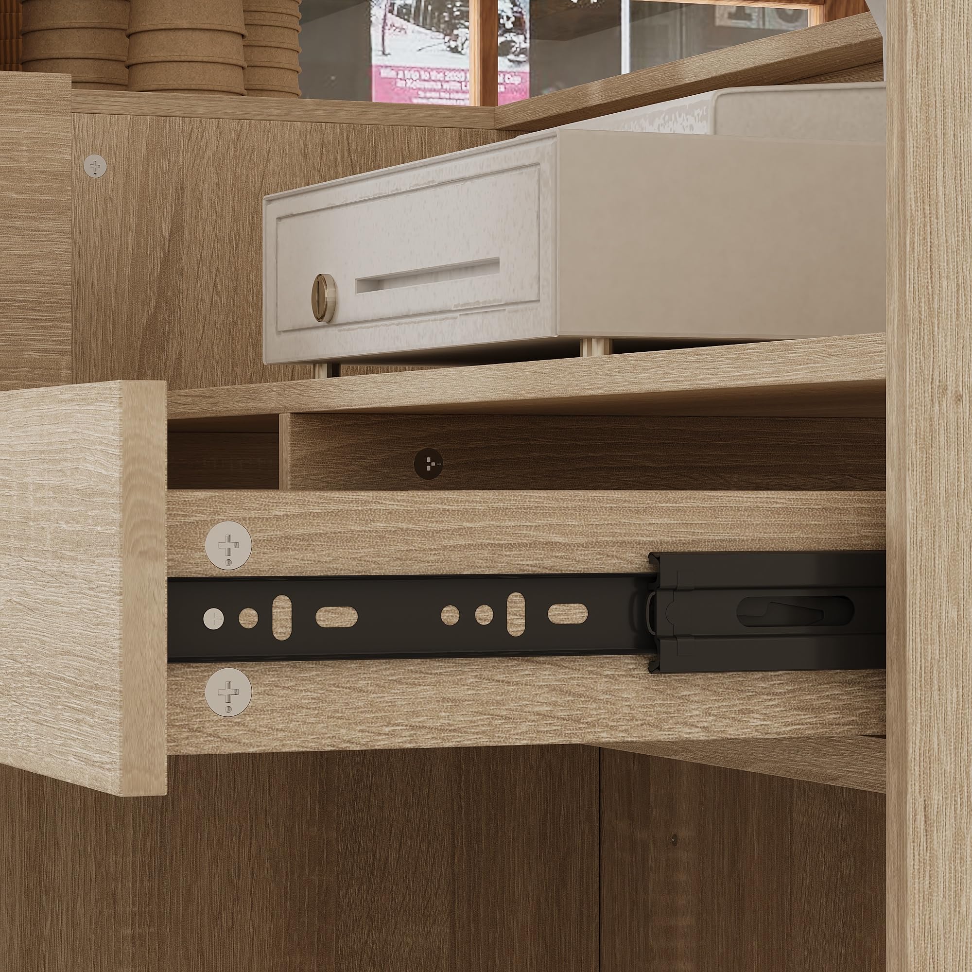 Mesa de recepción en forma de L con espacio de almacenamiento – Moderno mostrador de recepción con 3 cajones y armario, mesa de mostrador de madera para oficina, hotel, salón, práctica y