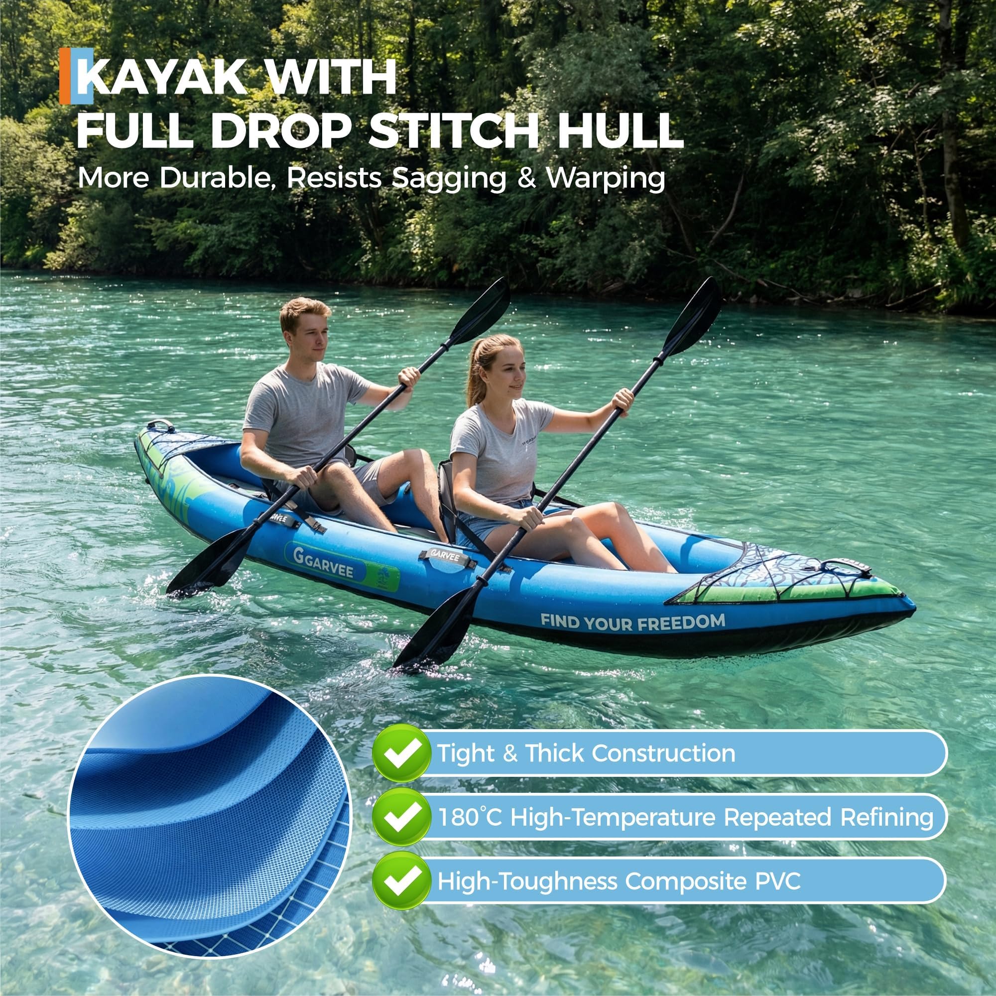 Garvee Kayak Gonflable 2 Places Adulte – 12,5 Pieds – Sièges rembourrés, 3 ailerons Amovibles, Pompe à Main – Sac de Transport, kit de réparation – Capacité 204 kg – Pêche, Loisirs lac/rivière
