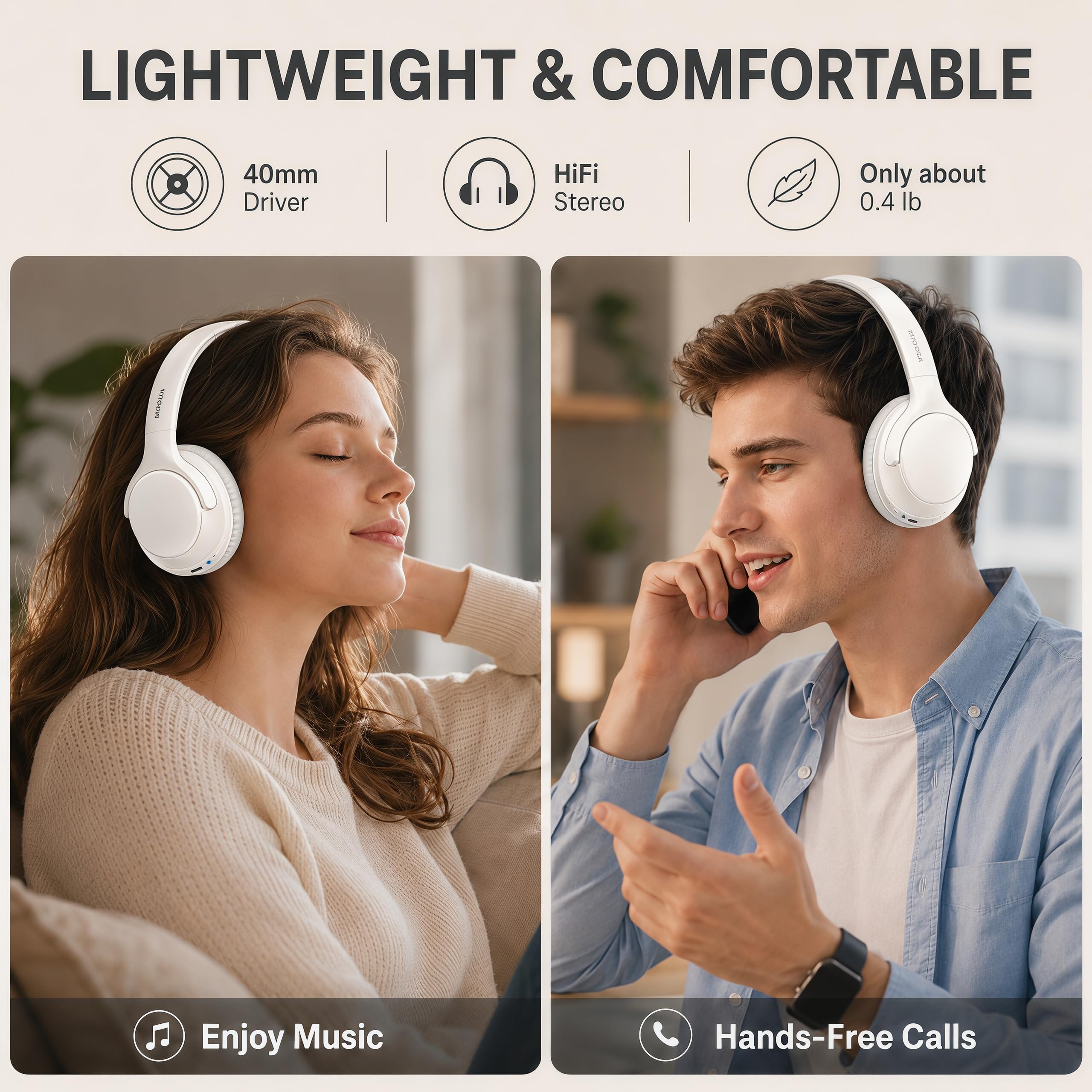 MIDOLA Bluetooth-Kopfhörer, Over-Ear-Kopfhörer, 68H, Spielzeit, 6 EQ, kabelloses Headset mit Mikrofon, HiFi-Stereo, faltbar, leicht, tiefer Bass, für Reisen, Zuhause, Büro, Handy, Weiß
