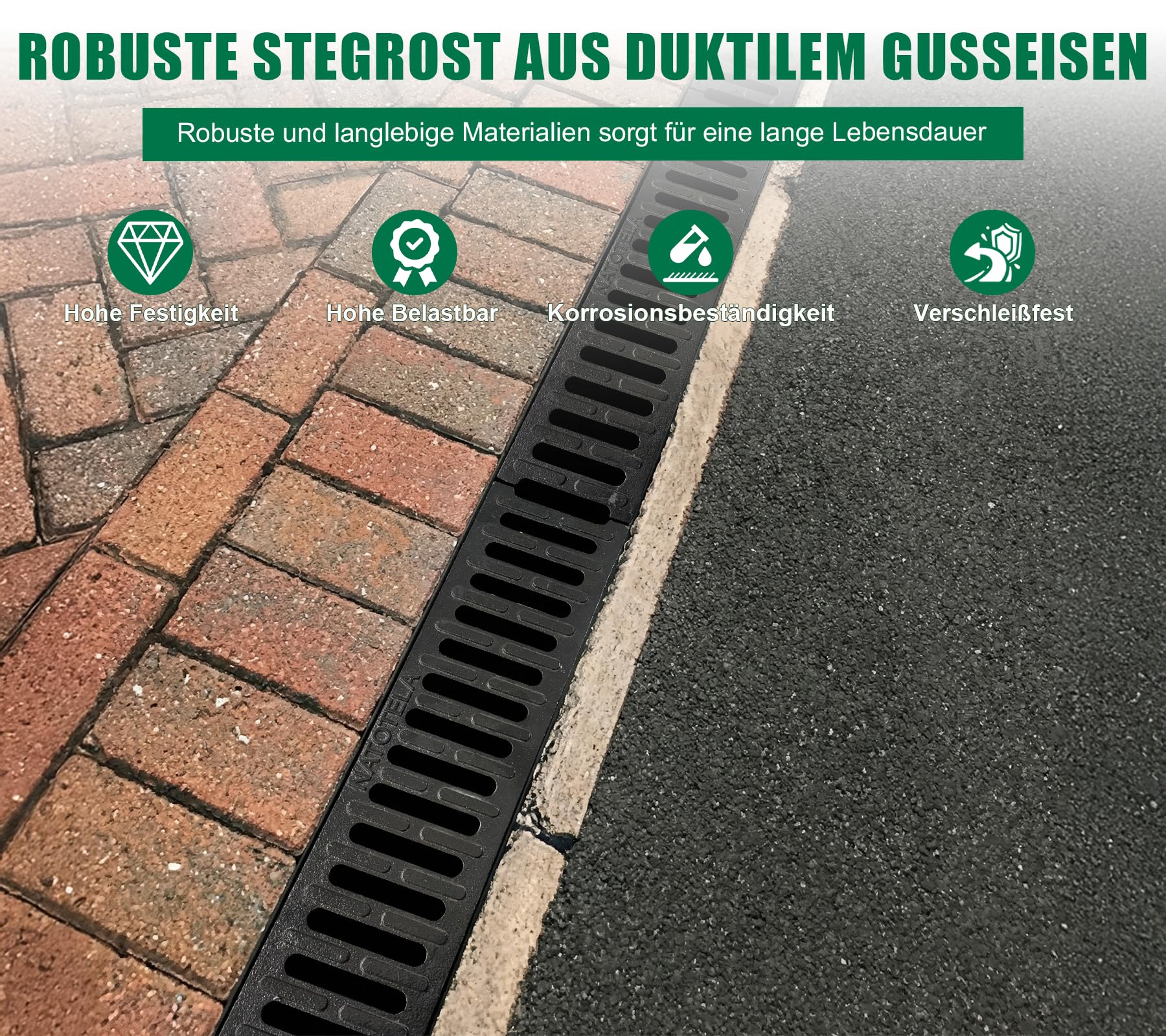 3m Entwässerungsrinne mit B125 Gussrost GJS belastbar bis 12,5 t - 500 x 140 x 100 mm - Bodenrinne Ablaufrinne für Garage Hofeinfahrt Parkplatz - Witterungsbeständig Robust Befahrbar Modular