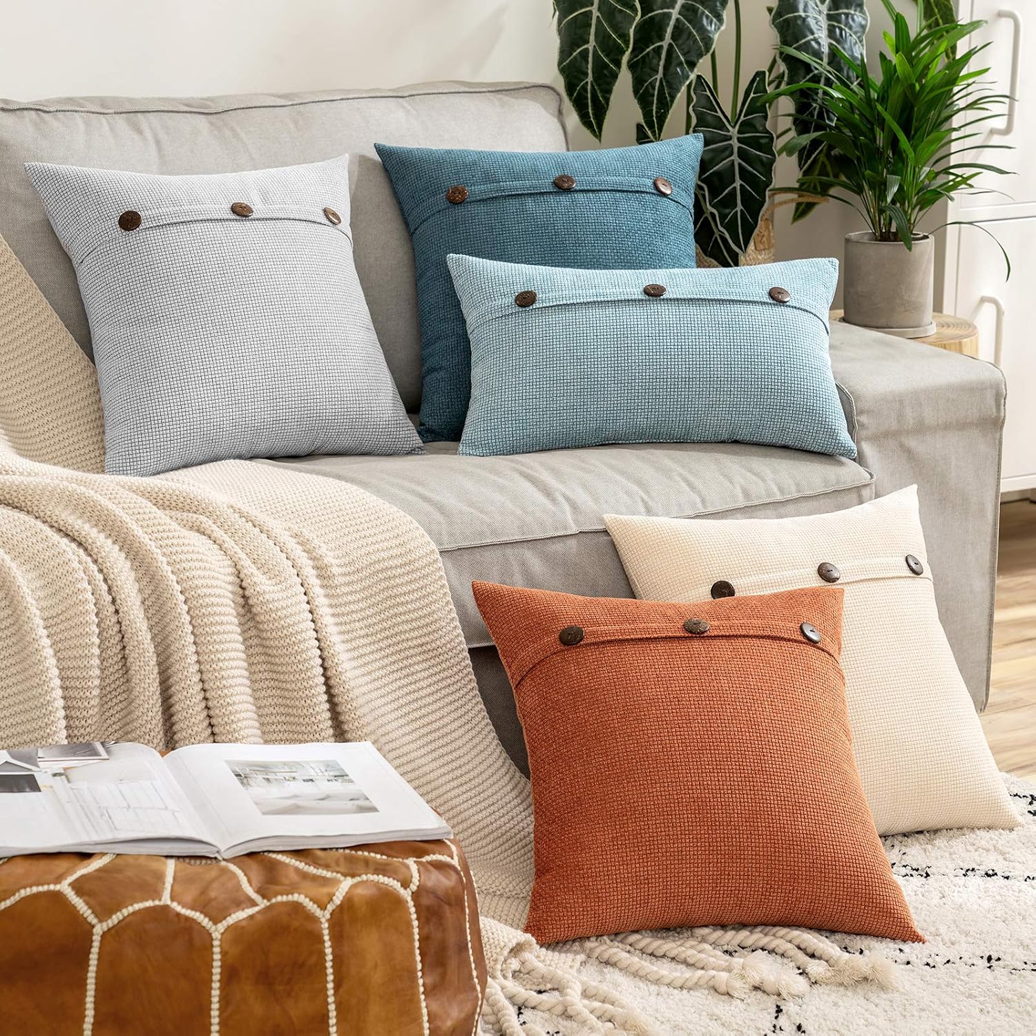 MIULEE Decorative Farmhouse Couch Pillow Covers Triple Button Rustic Vintage Pillowcases Cushion Cases for Living Room Sofa Home Decor Pack of 2 16X16 Inch Light Grey