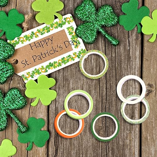 Miniatura 5 de Whaline 12 rollos de cinta washi del día de San Patricio, bandera irlandesa, cinta adhesiva Washi naranja y verde, patrón de trébol de la suerte,