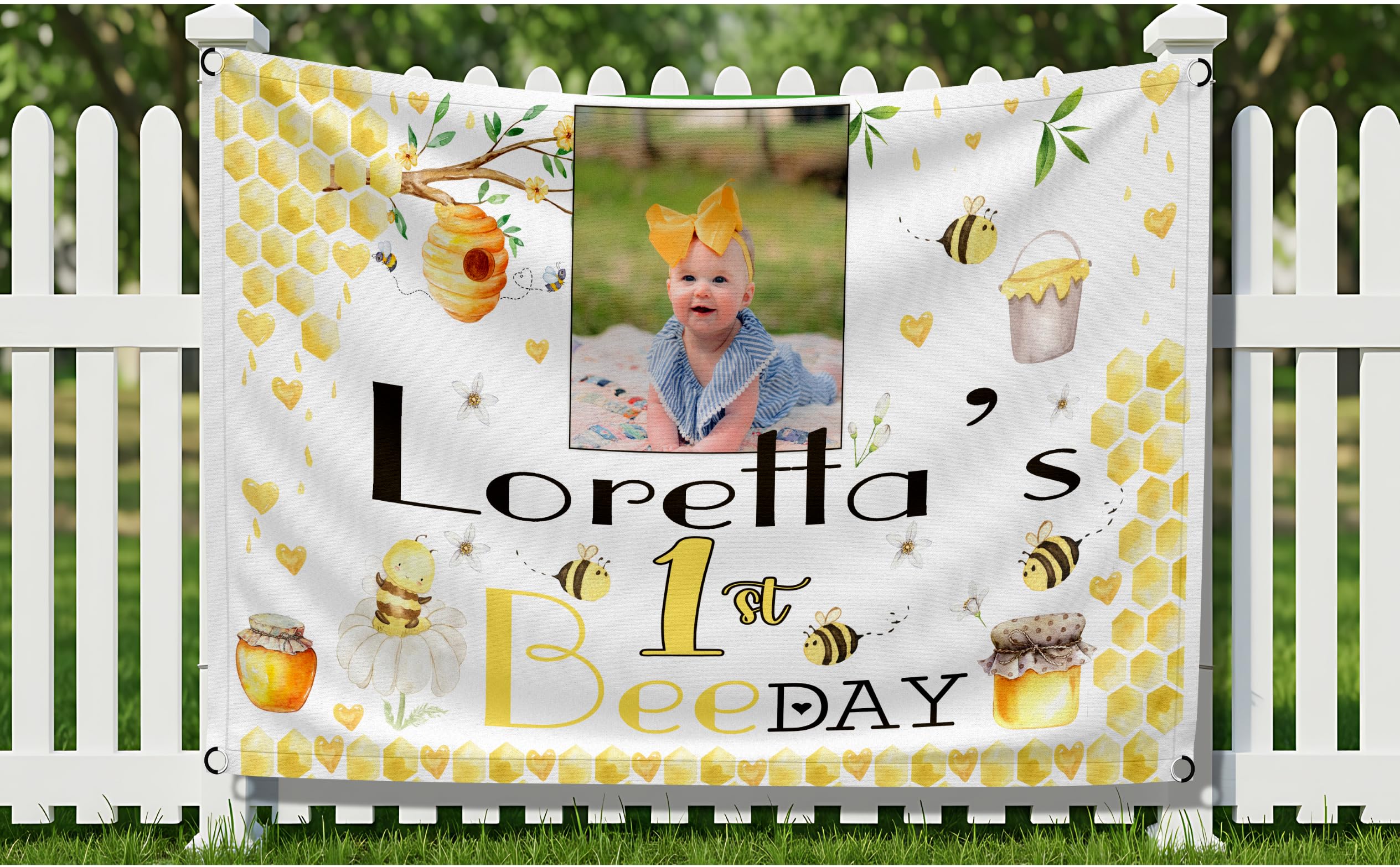 Large Personalised Girls 1st Birthday Backdrop First Birthday Banner for Boys Girls Happy Bee-Day Party Decorations Customised with Name Age Photo 2nd 3rd 4th 5th (Bee-day, 5x3.5ft - Outdoor Polyflag) — image 1