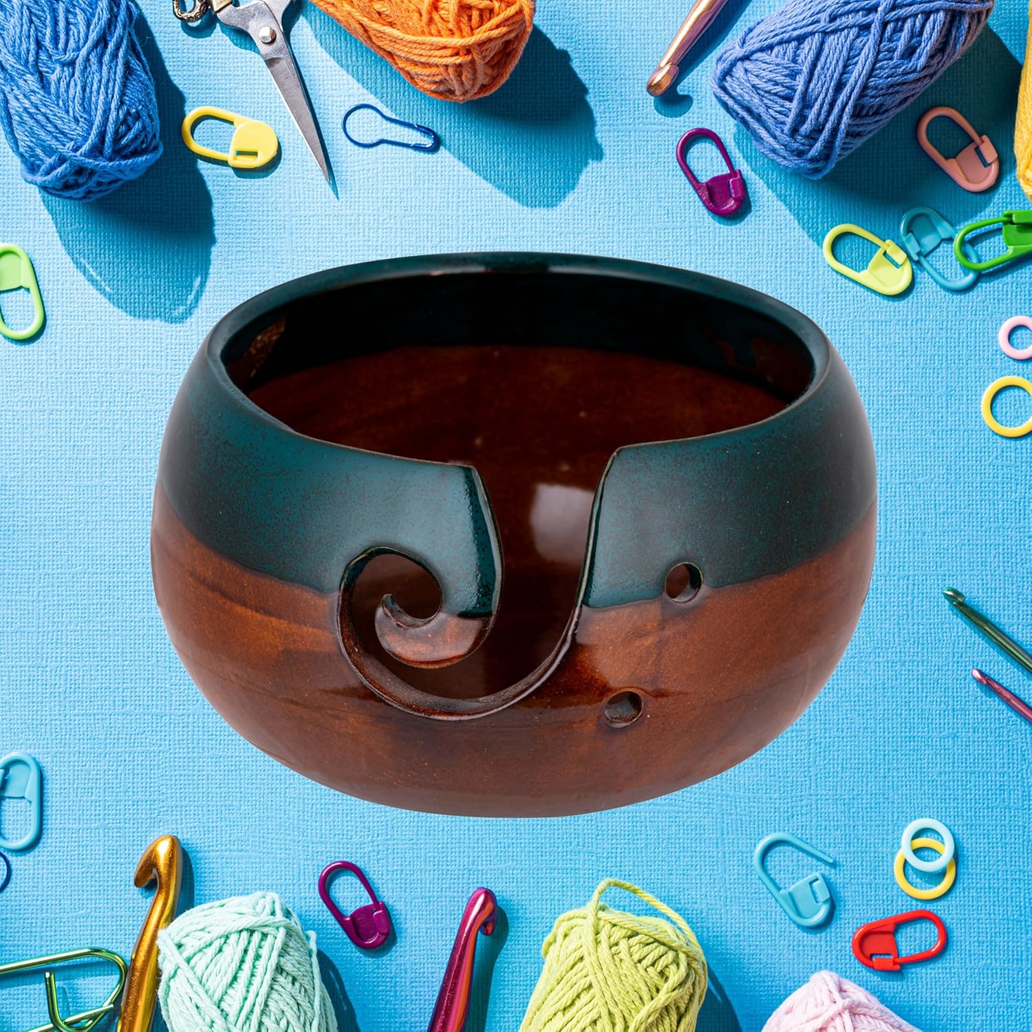 Ceramic Yarn Bowl Knitting Bowl, Crochet Large Yarn Bowl for Knitting, Handmade (Moroccon Brown/Green)