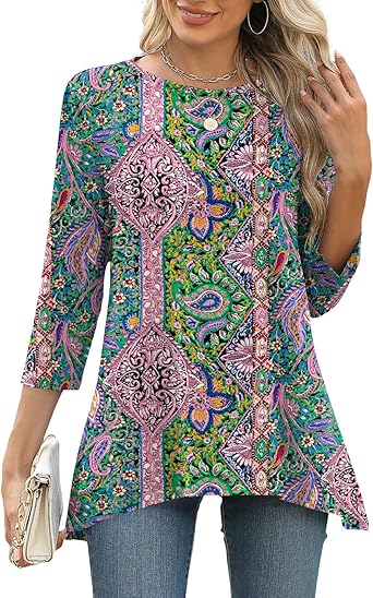 LOMON 3/4 Sleeve Tunic Tops for Women Loose Fit Dressy Casual Blouse Flowy Shirts to Wear with Leggings S-3XL