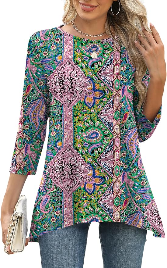LOMON 3/4 Sleeve Tunic Tops for Women Loose Fit Dressy Casual Blouse Flowy Shirts to Wear with Leggings S-3XL