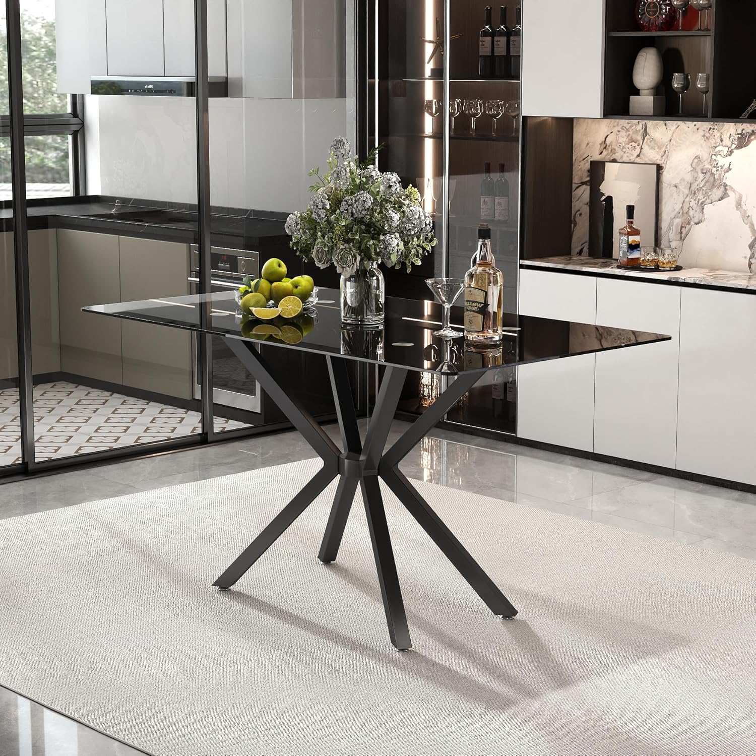 Modern 47 Inch Glass Dining Table for 4-6, Black Tempered Glass Kitchen Tabletop with Metal Legs, Rectangular Dinner Table for Dining Room, Kitchen, Living Room(Only Table)