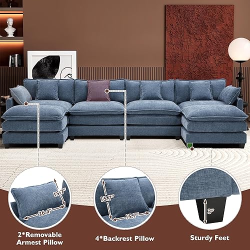 Miniatura 6 de Ihanherry 146" U-Shaped Modern Sofa Modular Sectional Cloud Couch with 2 Ottoman, 6-Seat Chenille Deep Seat Sofa with 6 Pillows for Living Room,