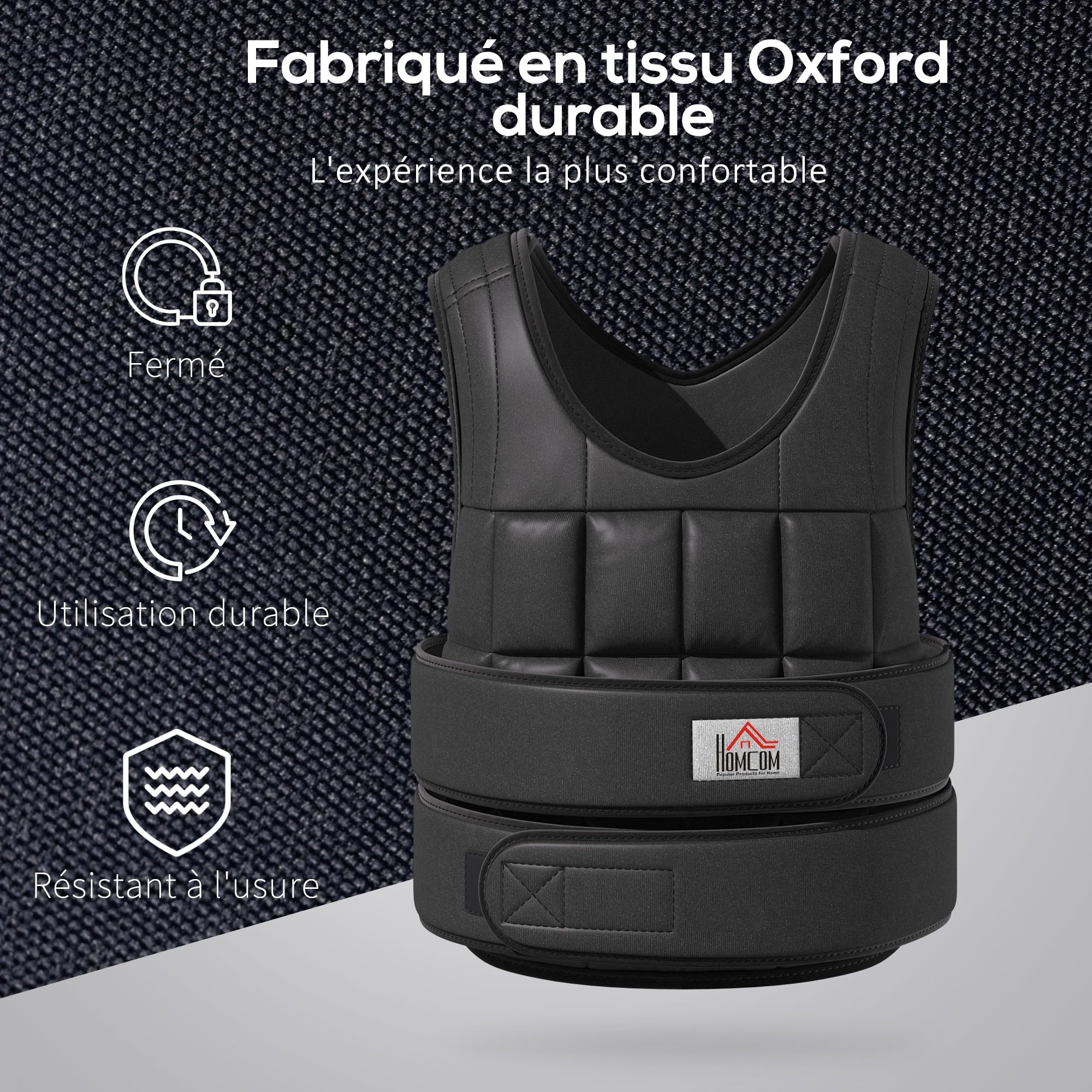 HOMCOM Gilet lesté réglable veste lestée 10/15/20 Kg max. poids amovibles entrainement musculation exercice boxe oxford