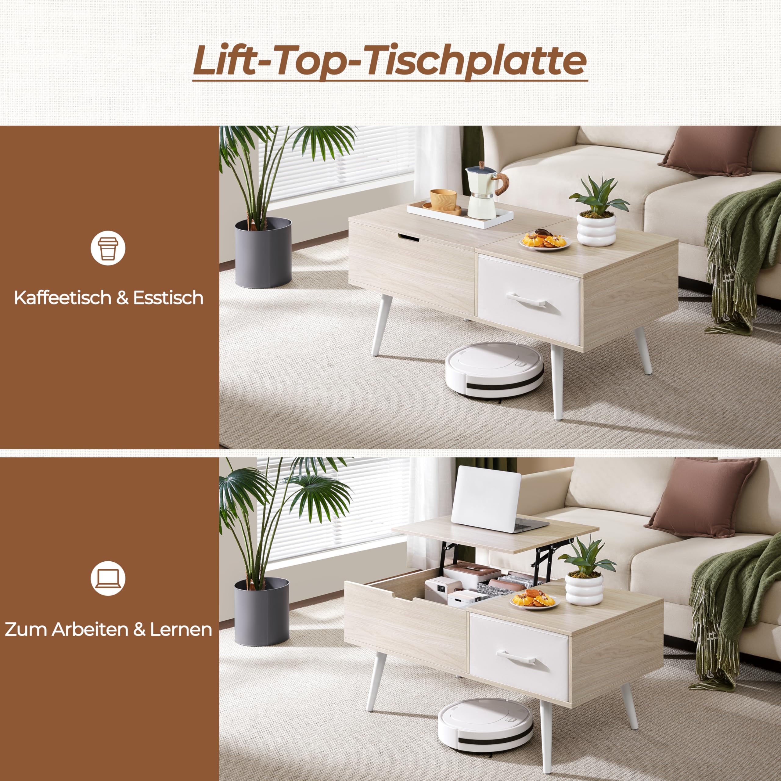 Yaheetech Couchtisch Höhenverstellbar, Beistelltisch mit Stauraum & offene Fächer, Wohnzimmertisch mit Geteilter Tischplatte, Lift-Top Kaffeetisch fürs Wohnzimmer/Esszimmer, Helle Holzfarbe | Seitlich und versteckt, ausgestattet mit 1 Schublade und Holzbe