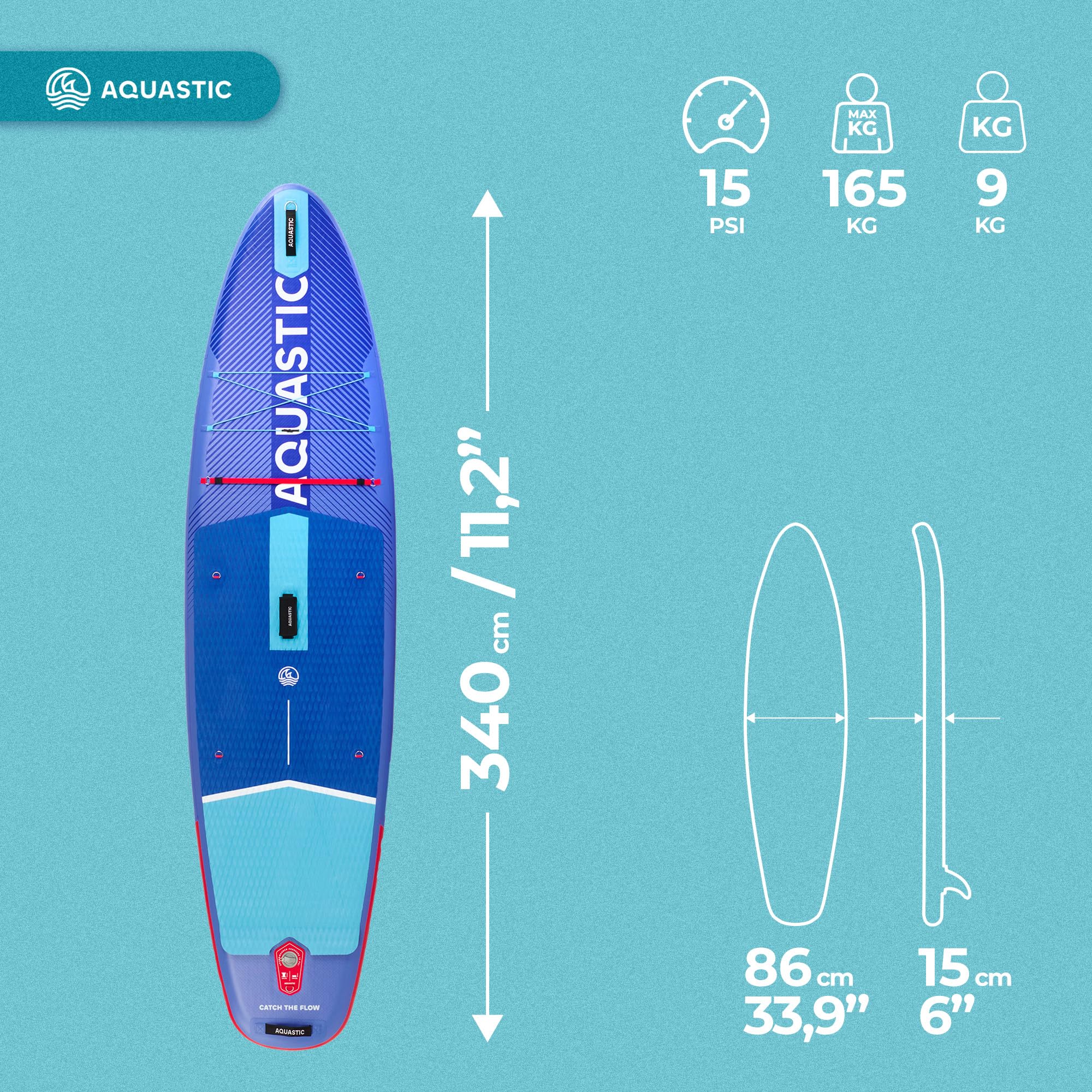 AQUASTIC Perth Pro 11'5.1 cm uniwersalna deska SUP Drop Stitch Lite, pianka 5 mm, zestaw z regulowanym wiosłem 2 w 1, statecznikiem wsuwanym, siedziskiem kajakowym, 2-drożną pompką i plecakiem do