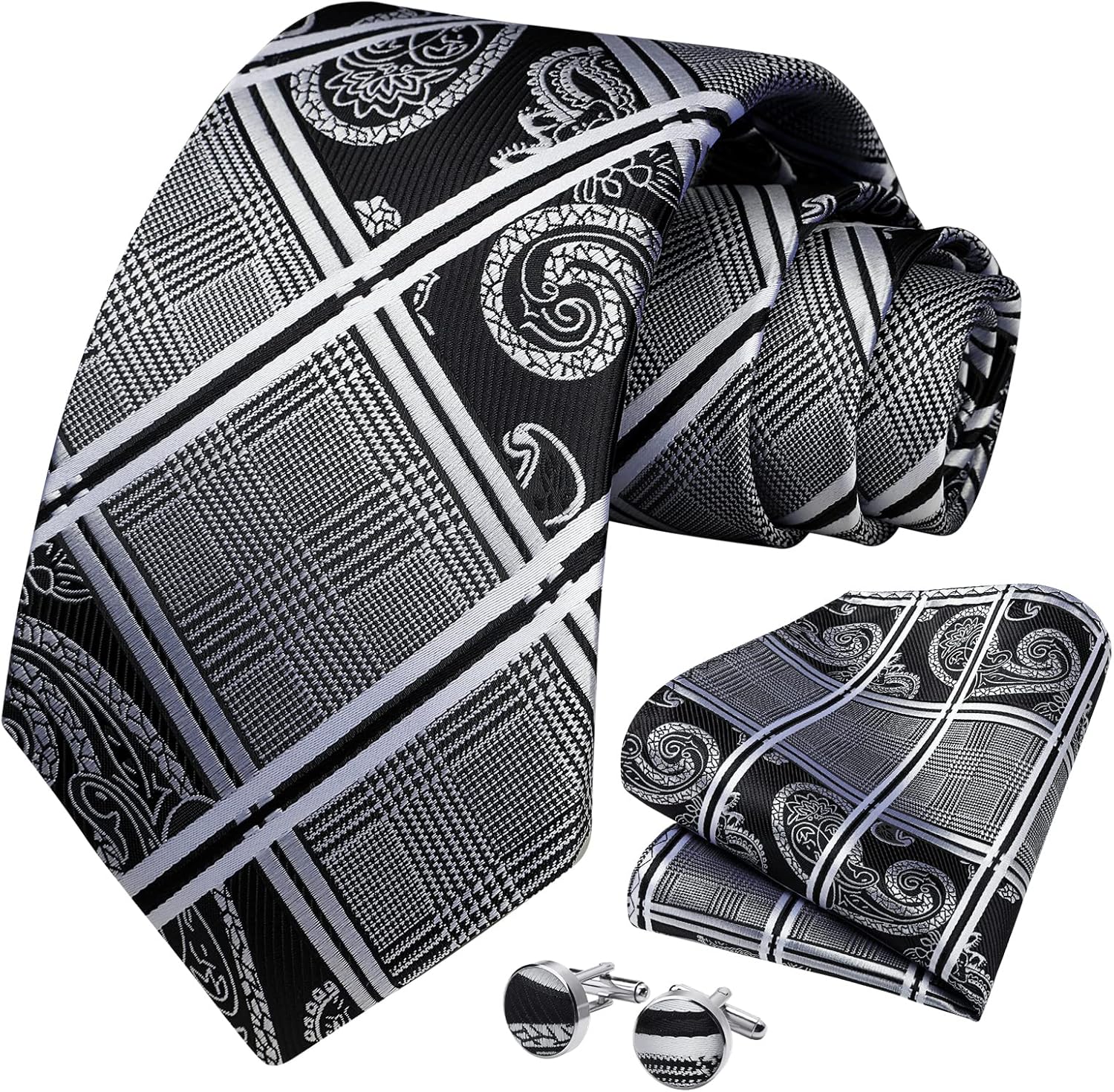 HISDERN Mens Ties Set Stripe Plaid Ties for Men and Pocket Square Cufflinks Formal Silk Necktie Wedding Business - Image 3