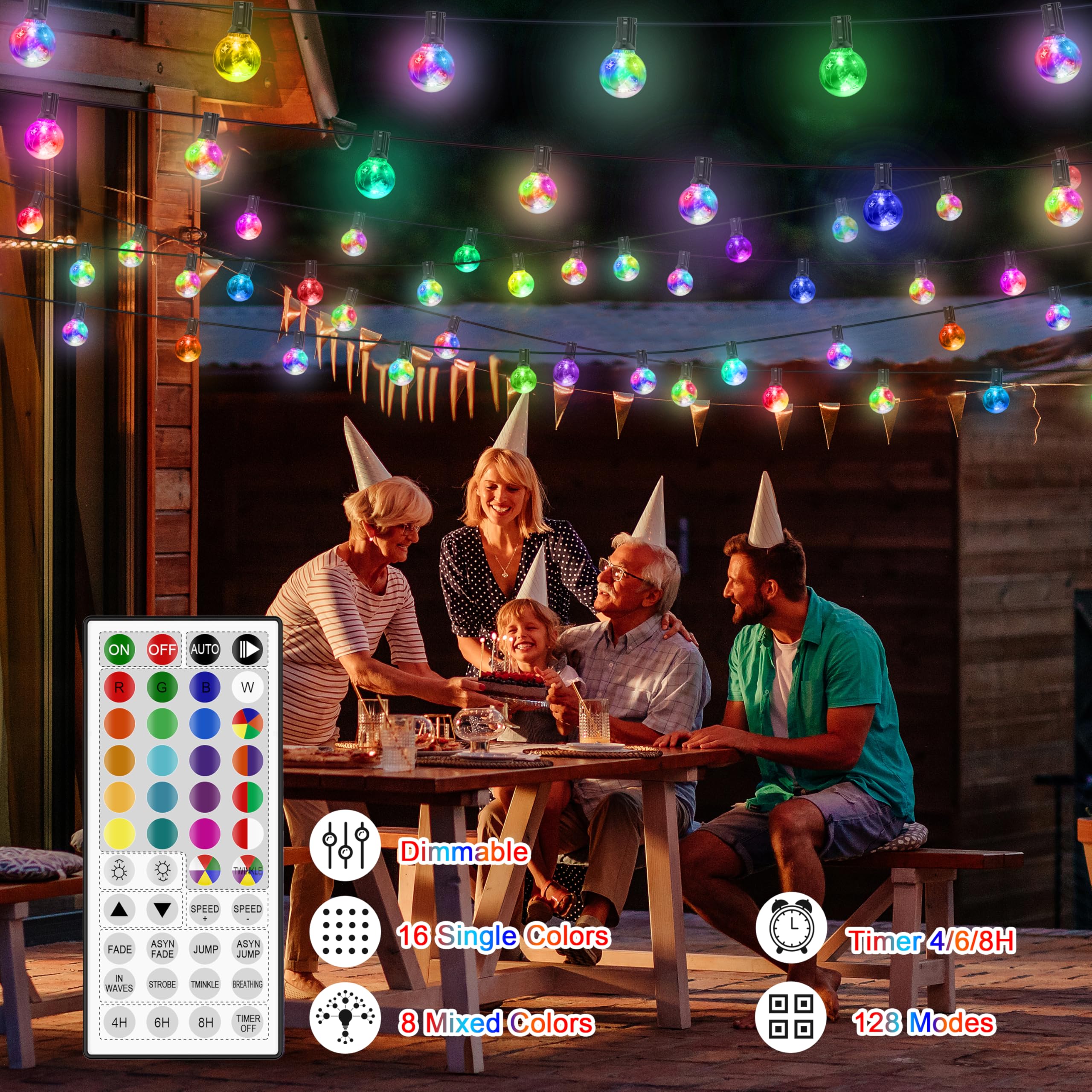 50 LED Lichterkette Außen Bunt, Lichterkette Außen Strom, 15M 24 Farben Wasserdicht IP65 G40 Glühbirnen Beleuchtung mit RGB Fernbedienung für Outdoor Weihnachten Garten Hof Hochzeit Party Balkon Deko