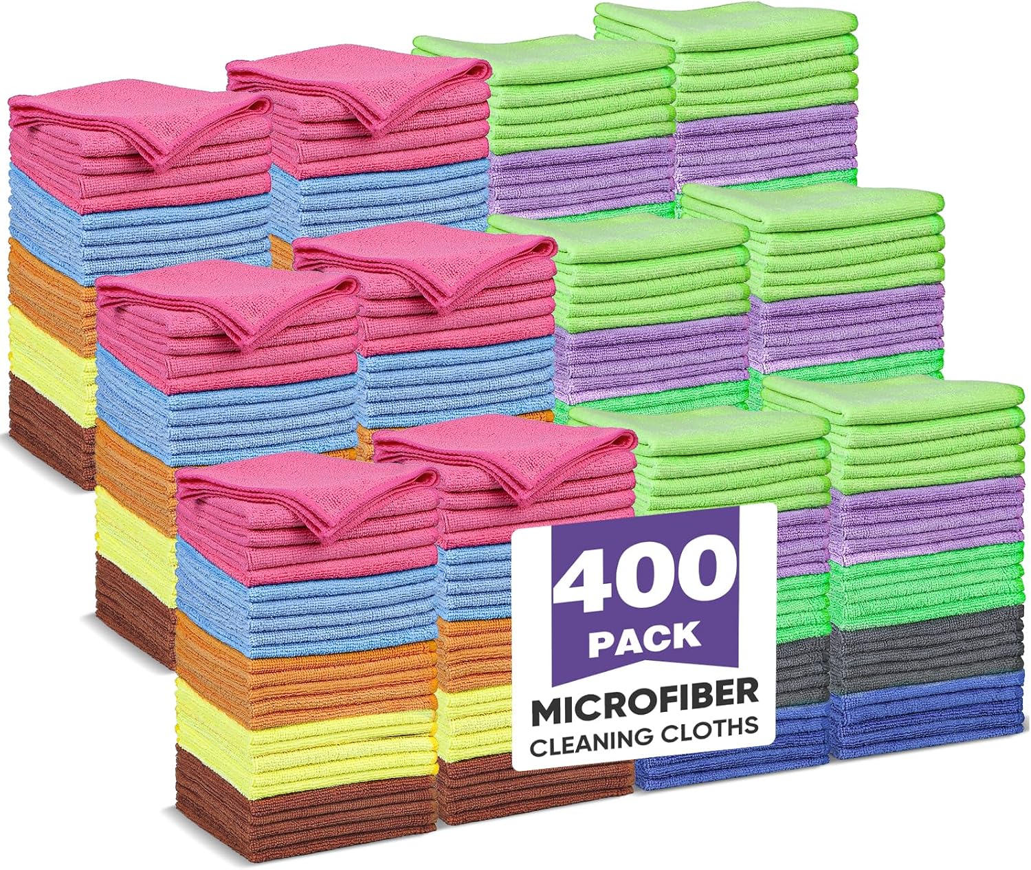 10 Colors Microfiber Cleaning Cloths, 400 Pack Assorted Cleaning Rags, Highly Absorbent Microfiber Towels for Car, Kitchen, Bathroom and Household Cleaning, 11.8"X11.8"