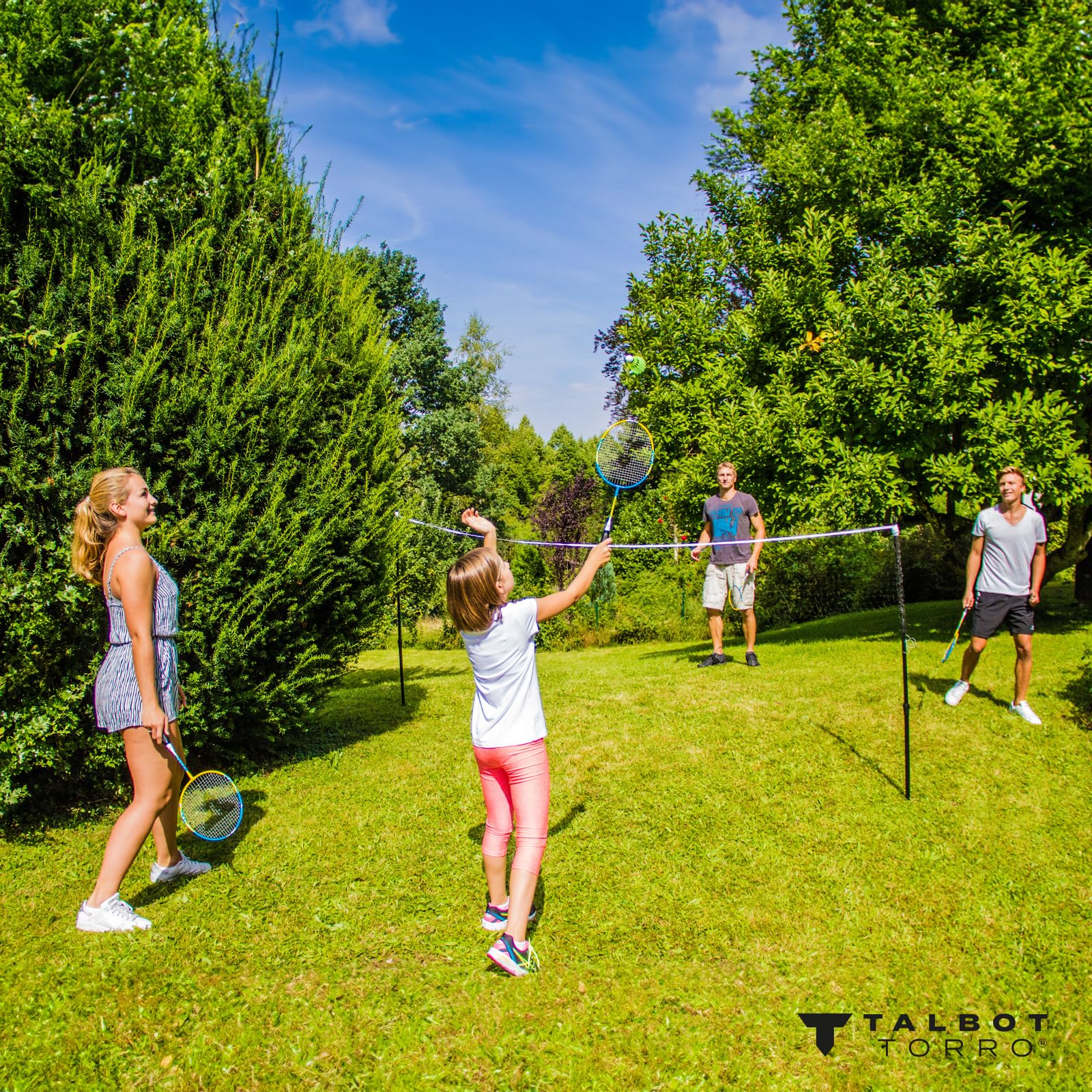 Talbot Torro Zestaw do badmintona Family, kompletny zestaw z 2 kijami dla juniorów 53 cm, 2 standardowe kije, 3 lotki, zestaw siatkowy z regulacją wysokości, w wysokiej jakości torbie