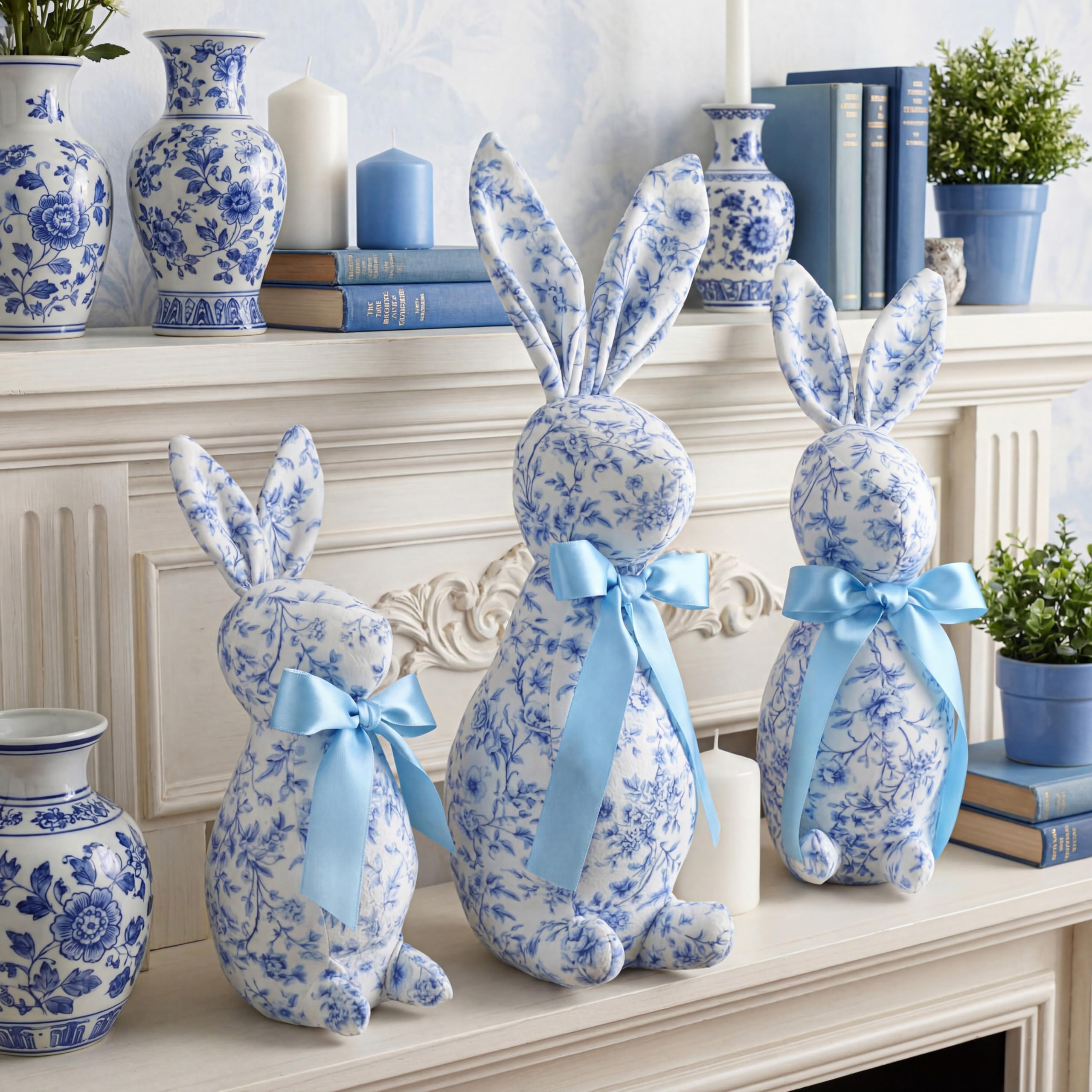 Yookeer 3 Pack Easter Bunny Decorations Chinoiserie Blue and White Bunny 15" 13" 10" Easter Centerpiece Table Decorations Spring Table Centerpieces for Tiered Tray Home Office Party Decor