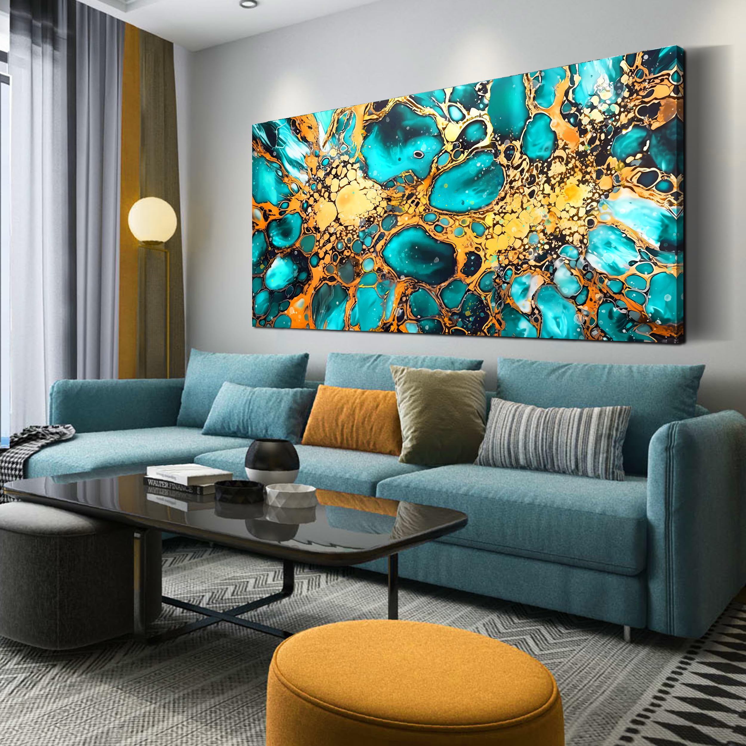 Abstract Canvas Wall-Art for Office - Large Wall Art for Living Room - Teal Wall Decor Ready to Hang Size 30" x 60"