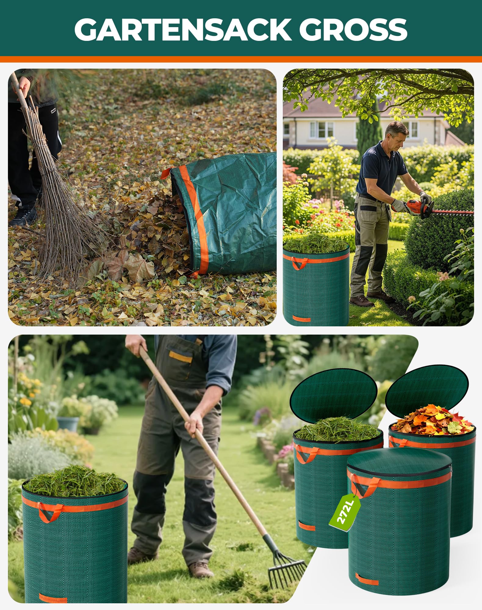 LAOYE 3x Gartenabfallsack Stabil mit Deckel 272L Laubsack Groß Gartensack Selbststehend Grünschnittsack Grünabfallsäcke Garten Abfallsack für Laub Rasen