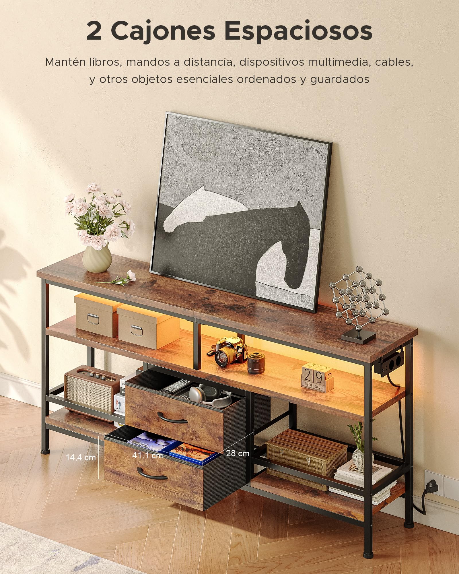 CO-Z Mueble TV Tono Madera 140×30×60 cm, Mueble de Salon para televisores de 43–65 pulgcon Iluminación LED y Estación de Carga Desmontable, Estantes Abiertos con Cajones de Tela