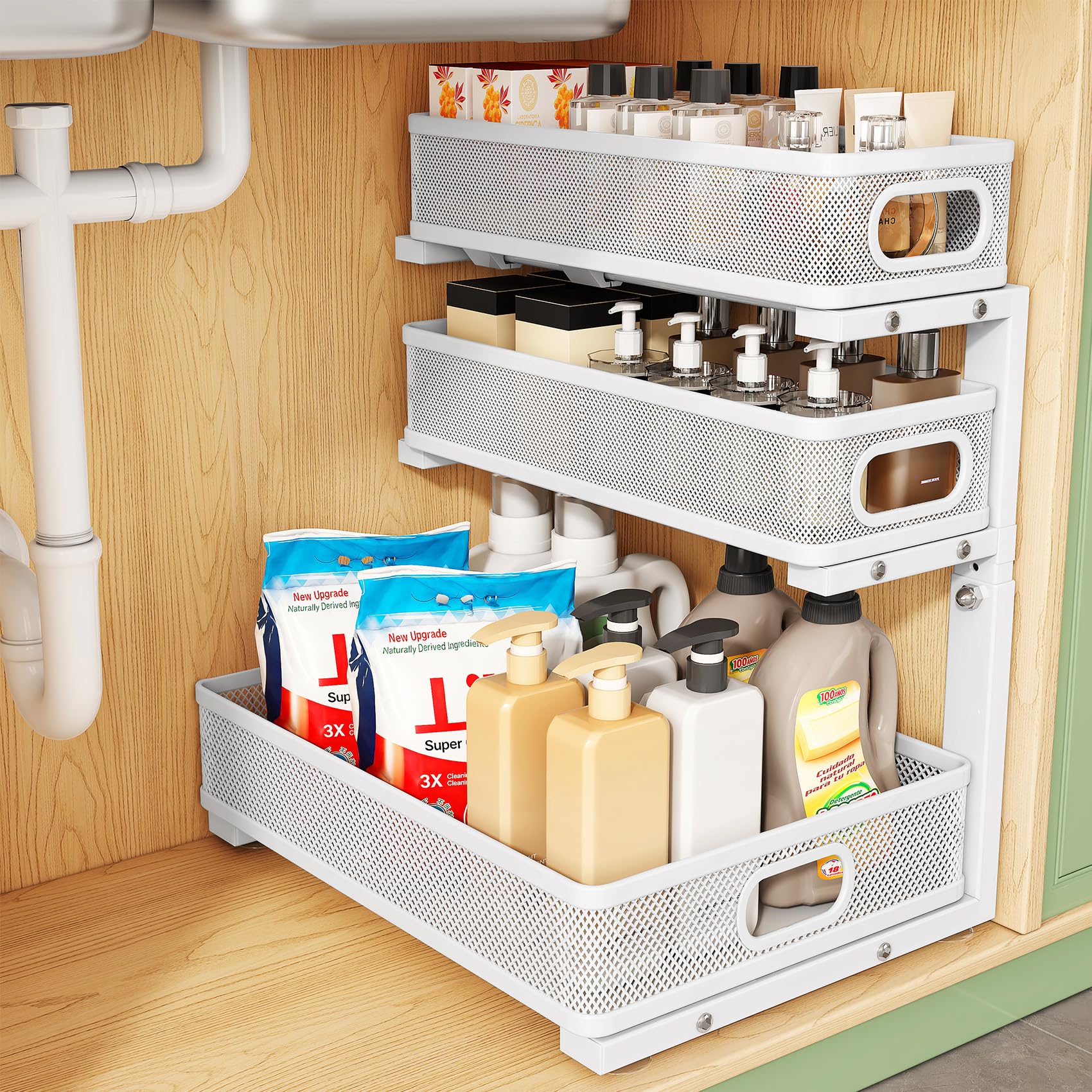 Photo 1 of Kitstorack Under Sink Organizer, 1-Pack 3-Tier Height Adjustable Thickened Metal Pull out Cabinet Organizer Shelf, Slide out Storage Drawer Rack for Bathroom Kitchen Pantry Home Laundry Organization
