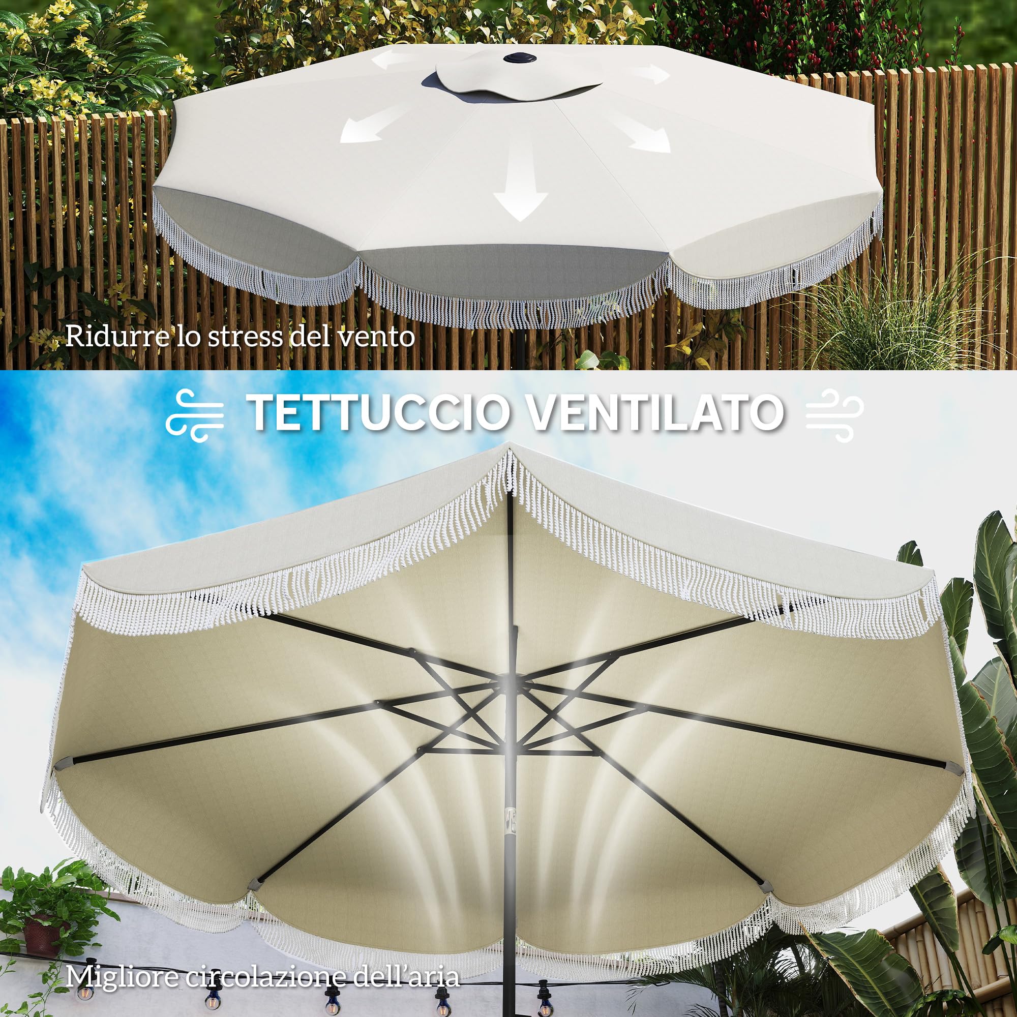Outsunny Ombrellone da Giardino Inclinabile 2.7x2.7 m con Manovella | Ombrellone da Esterno Rotondo, 8 Stecche, Metallo e Poliestere, per Cortile Balcone, UV 30+