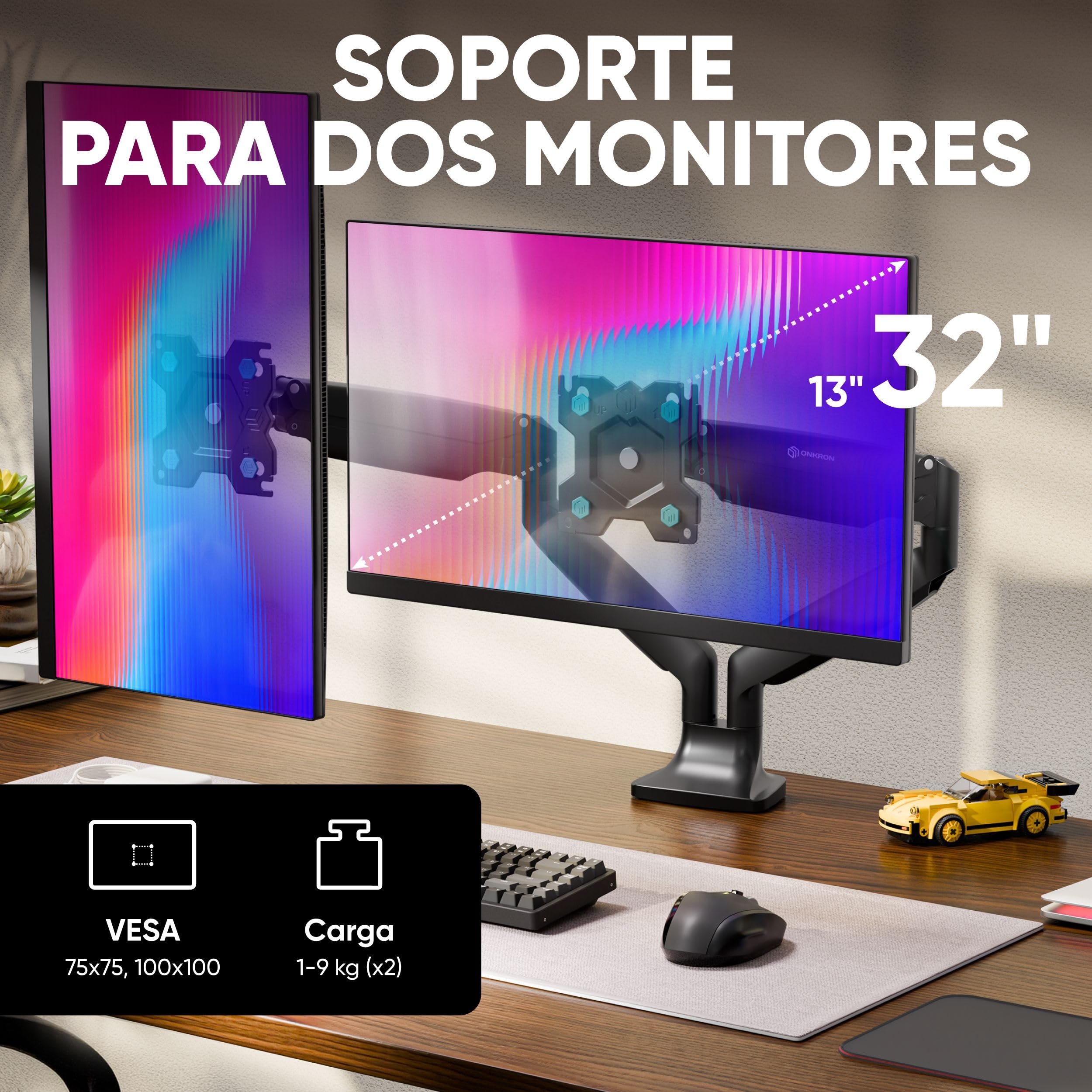 ONKRON Soporte Monitor Doble 13-32 pulgadas, Carga Total hasta 18 kg, VESA 75x75-100x100, Brazo Monitor Doble Articulado, Ajustable, Giratorio e Inclinable, Soporte 2 Monitores Escritorio Negro G200-B