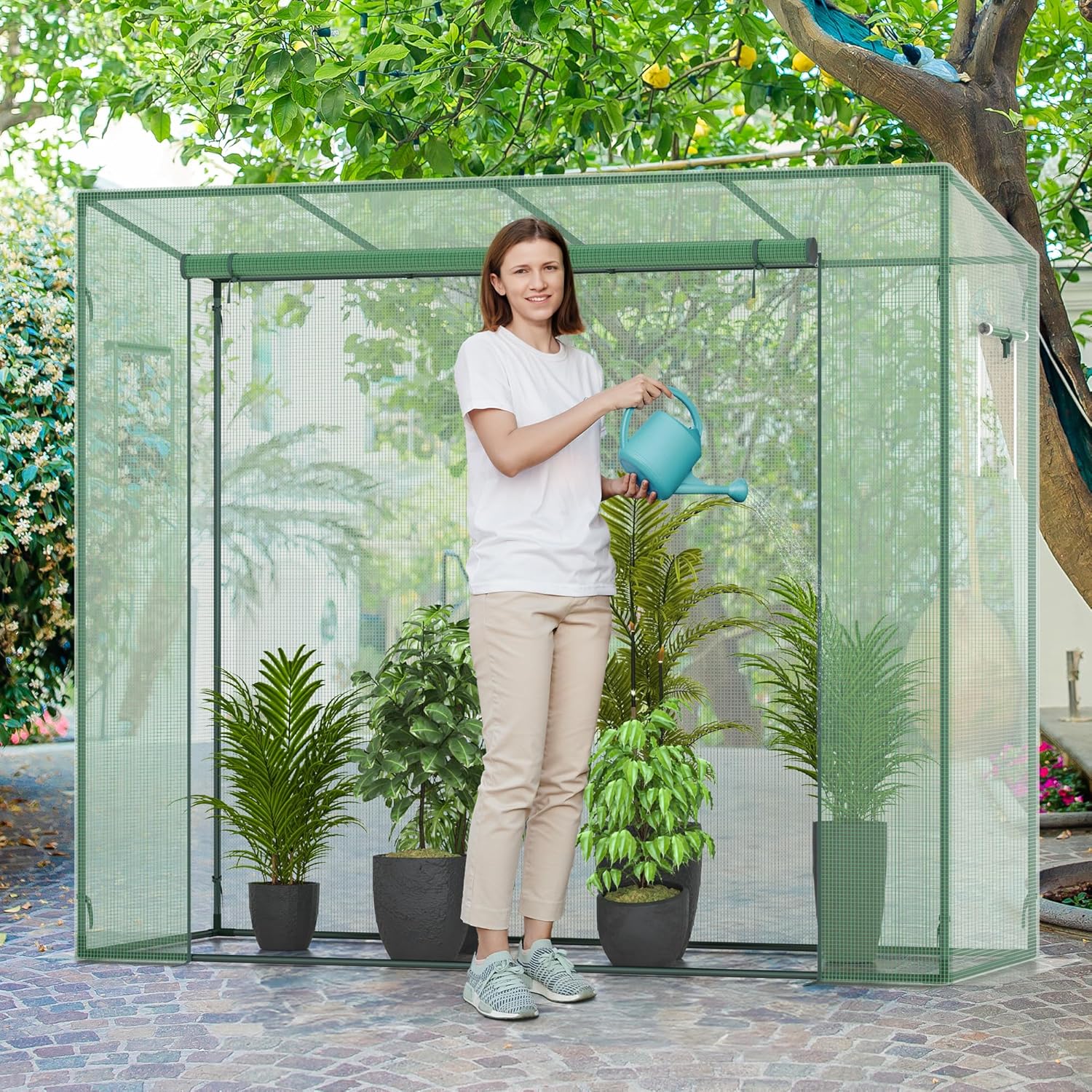 Greenhouse, Phonjoroo Lean to Small Greenhouse w/ 2 Side Windows & Zipper Rolling Door Tomato Greenhouses w/ Thicken PE Cover Outdoor Plant House Portable Small Hot House Winter Storage