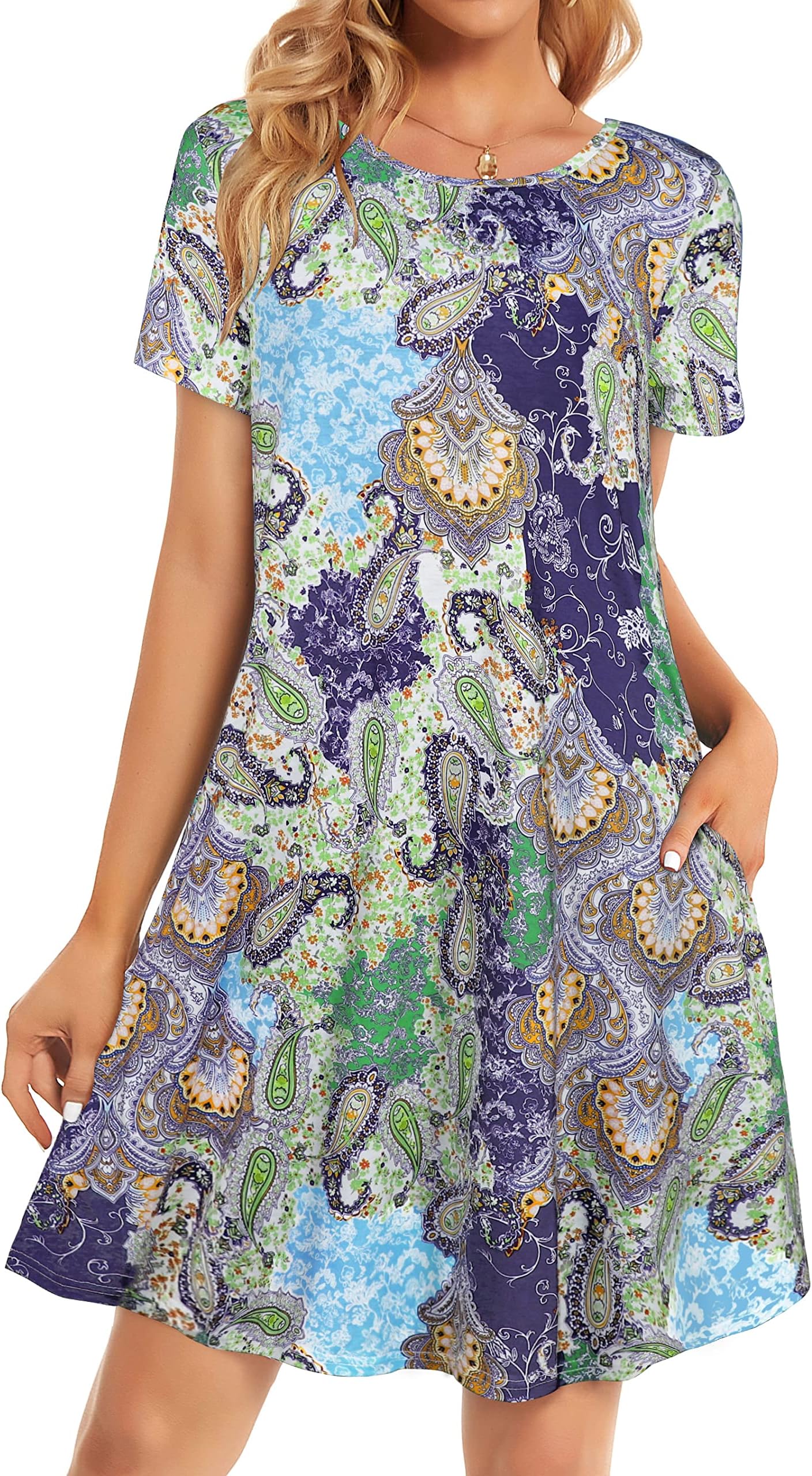 elescatSummer Dresses for Women Casual Sleeveless Tshirt Beach Flowy Tank Sundresses with Pockets
