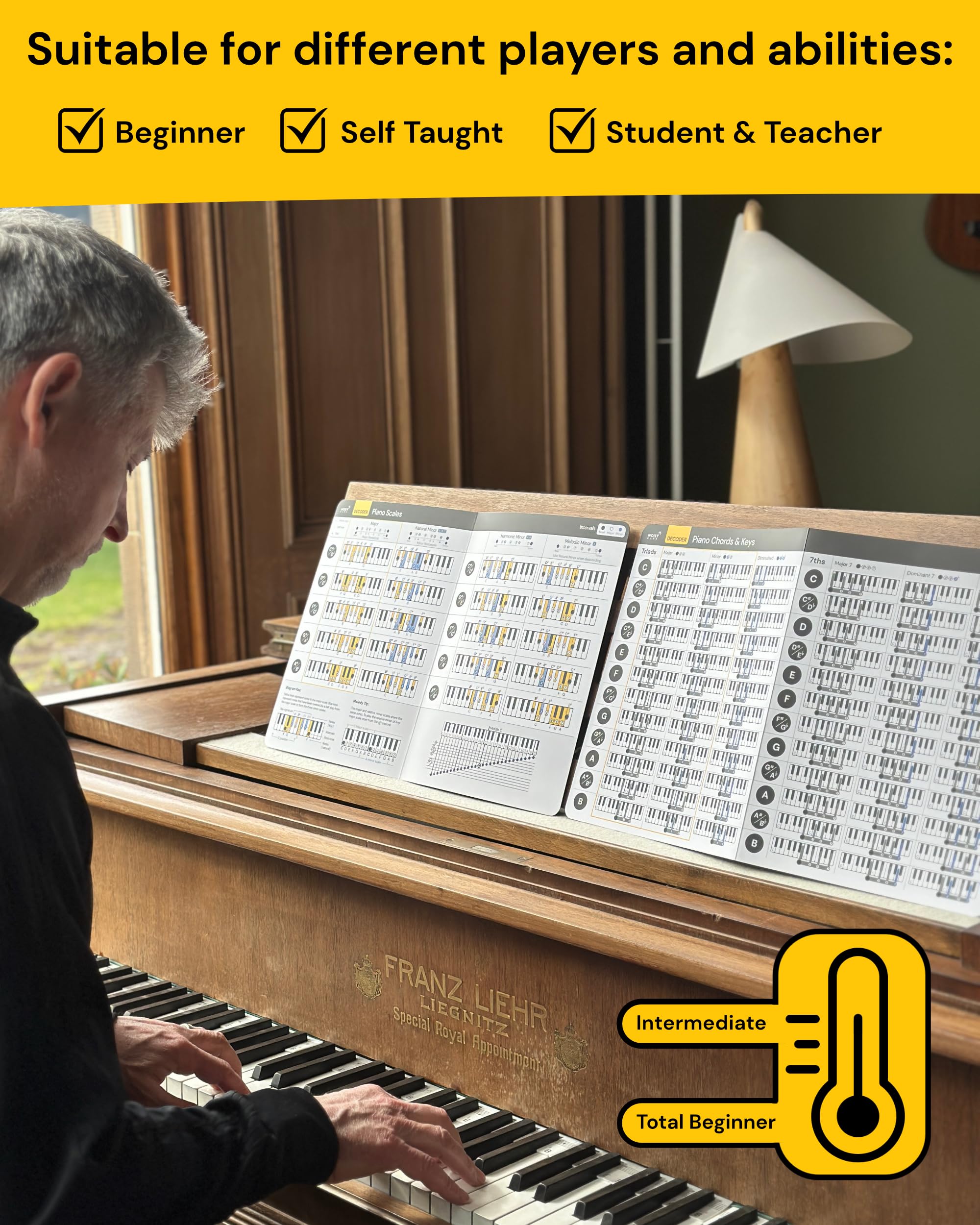 Tabla de acordes y escaleras de piano | Herramienta de aprendizaje musical - Hojas de trucos de teclado en la carpeta - Juego de 2 acordes y teclas