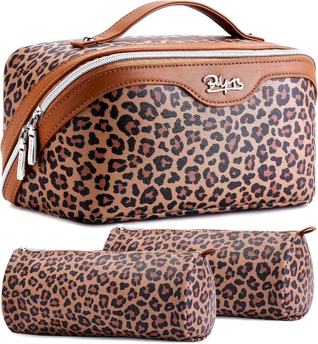 BOYATU Travel Makeup Bag for Women: 3 Pcs Set Portable Make up Bags with Handle - Leopard Print Cosmetic Bags with Comparments - Waterproof Vegan Leather Toiletry Bag (A-1-Brown)