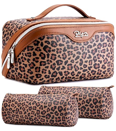 BOYATU Travel Makeup Bag for Women: 3 Pcs Set Portable Make up Bags with Handle - Leopard Print Cosmetic Bags with Comparments - Waterproof Vegan Leather Toiletry Bag (01-A-Brown)