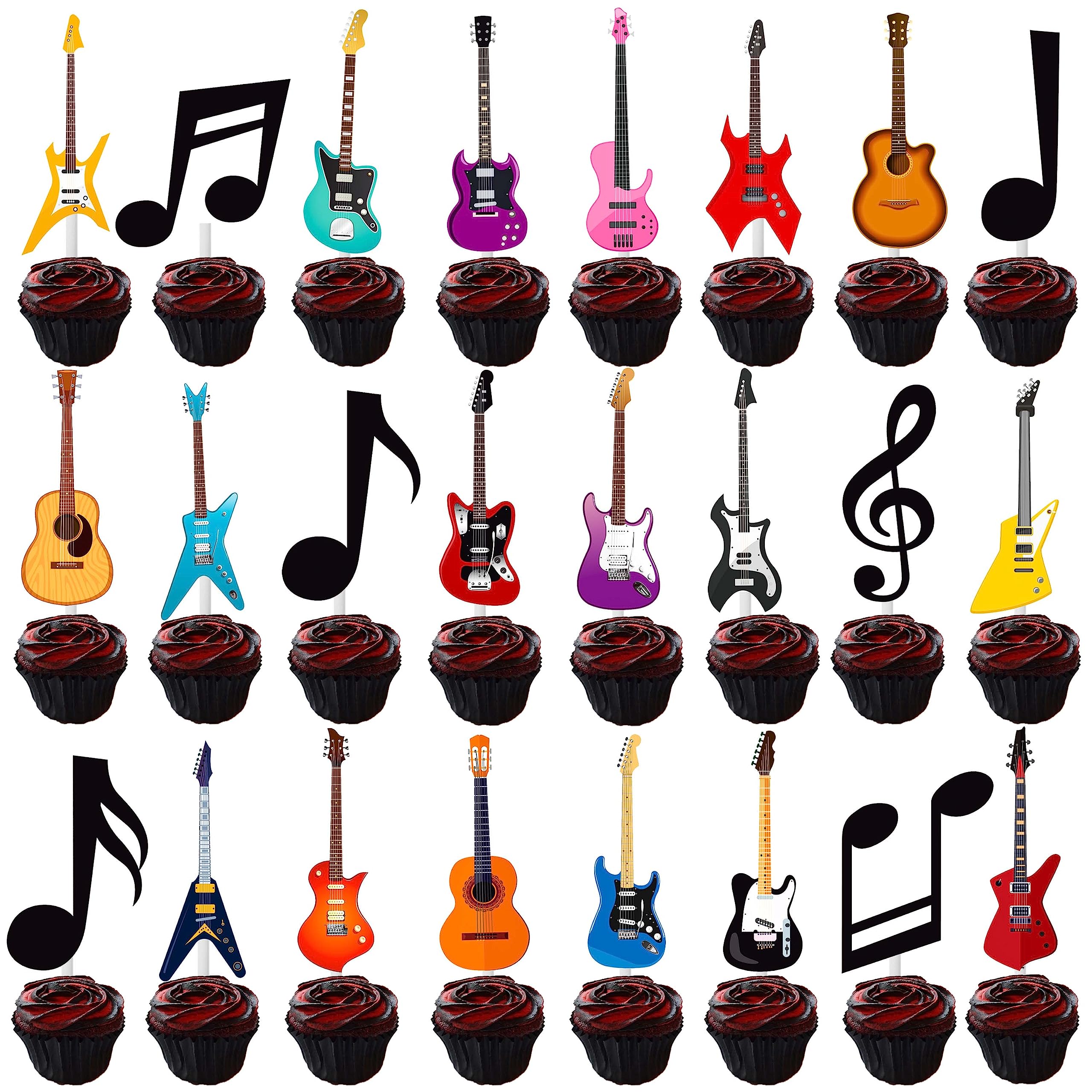 24pcs Guitar Cupcake Toppers Music Notes Rock Birthday Cake Picks Party Decorations for Guitar Player Theme Baby Shower Supplies