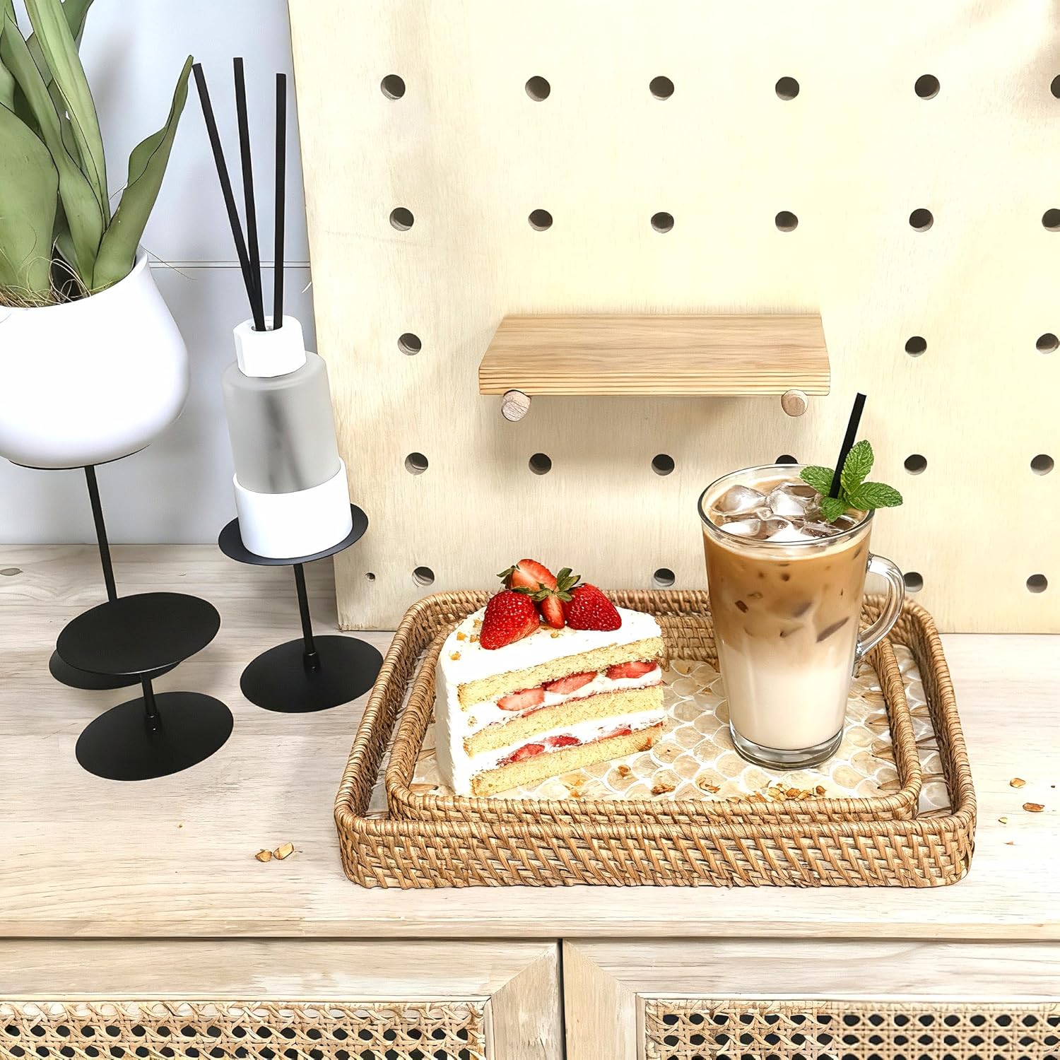 i-lan 2-Piece Rectangular Rattan Serving Trays with Mother of Pearl Inlay, 13" & 11.5" Decorative Storage Trays for Home Organization, Entertaining, and Tabletop Display - Image 2