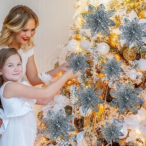 Vista 21 de 24 piezas de adorno de árbol de Navidad de Nochebuena con brillantina. Adorno de decoración de flores de Navidad. 3, 4 y 6 pulgadas / 7.62, 10.16