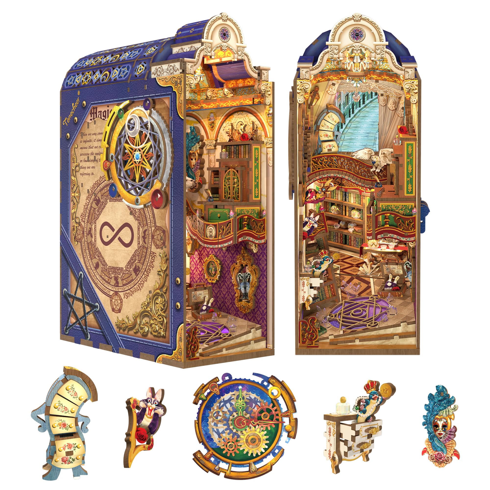 Tonecheer Magical Library Book Nook Kit With Dust Cover And Led Light, Booknook Diy Miniature House 3D Wooden Puzzle, Movable And Rotating Parts, Creative Bookshelf Decor, Unique Gift For Adults