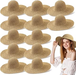 12 Pcs Women Straw Hat Sun Hats Wide Brim Foldable Floppy Beach Hats Women Breathable Crochet Bucket Hat Bulk Lightweight Natural Paper Braided Boho Hat for Travel Summer Vacation Party Khaki