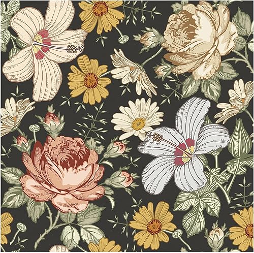 Blooming Wall Papel tapiz autoadhesivo y removible de margaritas de peonía multicolor, 48.4 pies cuadradosrollo