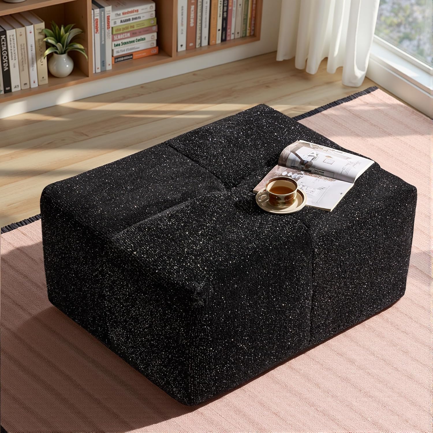 Modular Sectional Sofa Plush Fabric Ottoman for Living Room Bedroom, Black