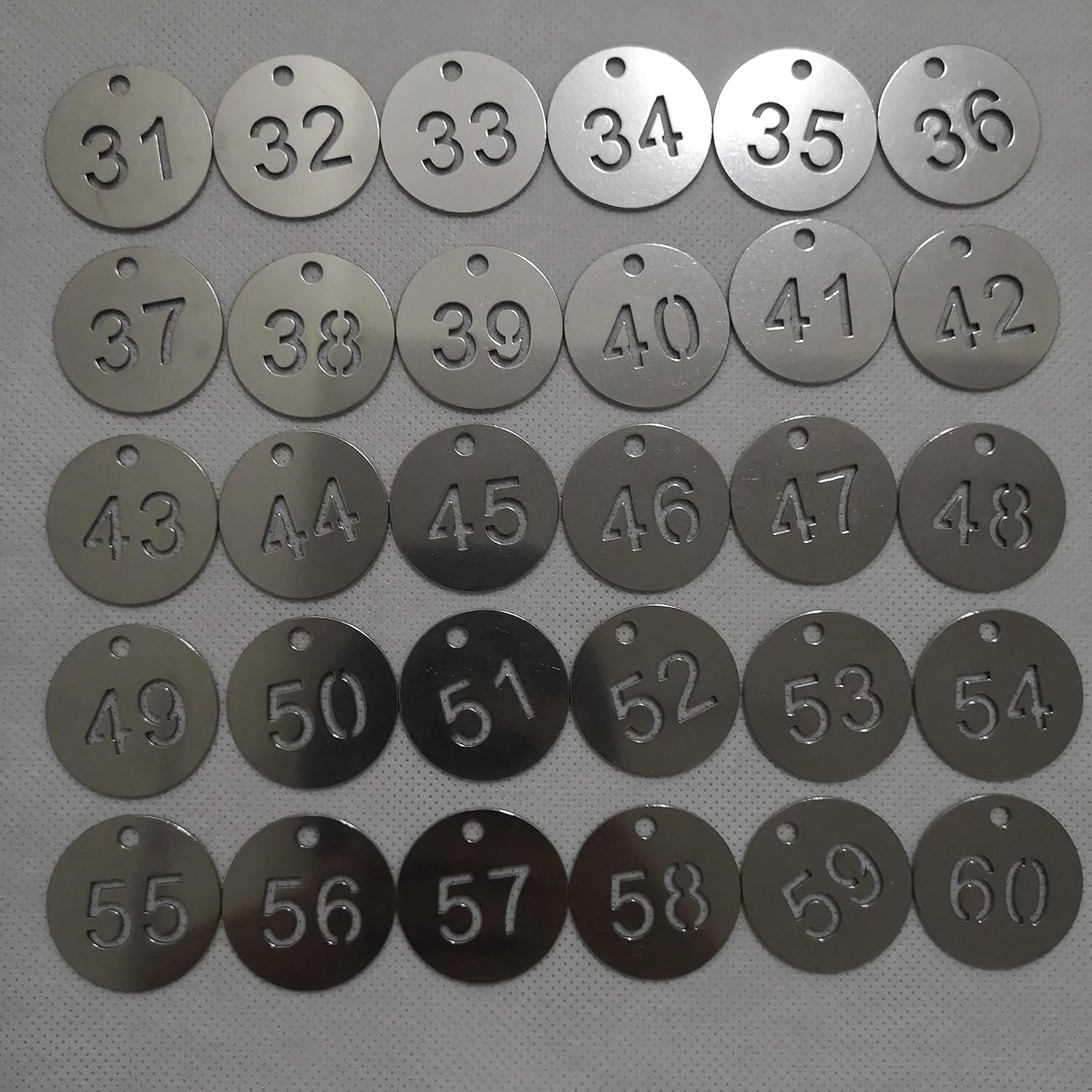 Diameter 1.18 Inches Bigger Hollowed Stainless Steel Number Tags Key Tags with Rings (1-50)