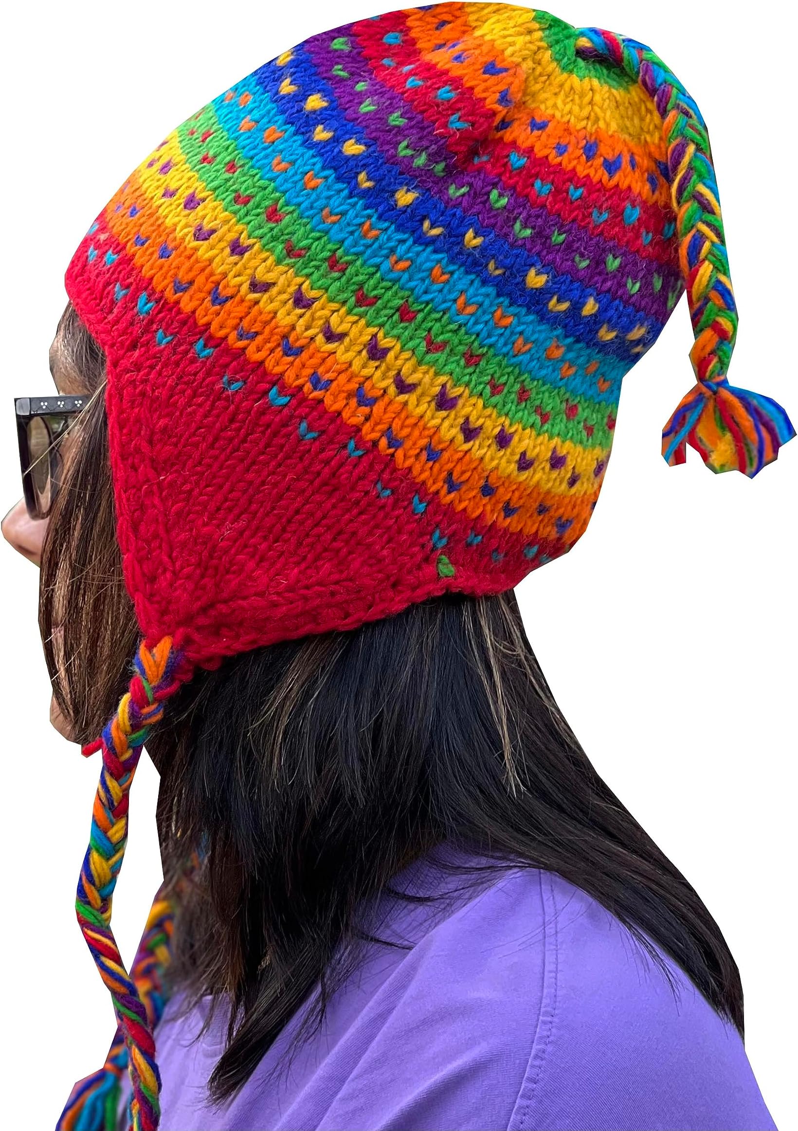 Nepal Hand Knit Ear Flaps Beanie Ski Wool Fleeced Rainbow Hat