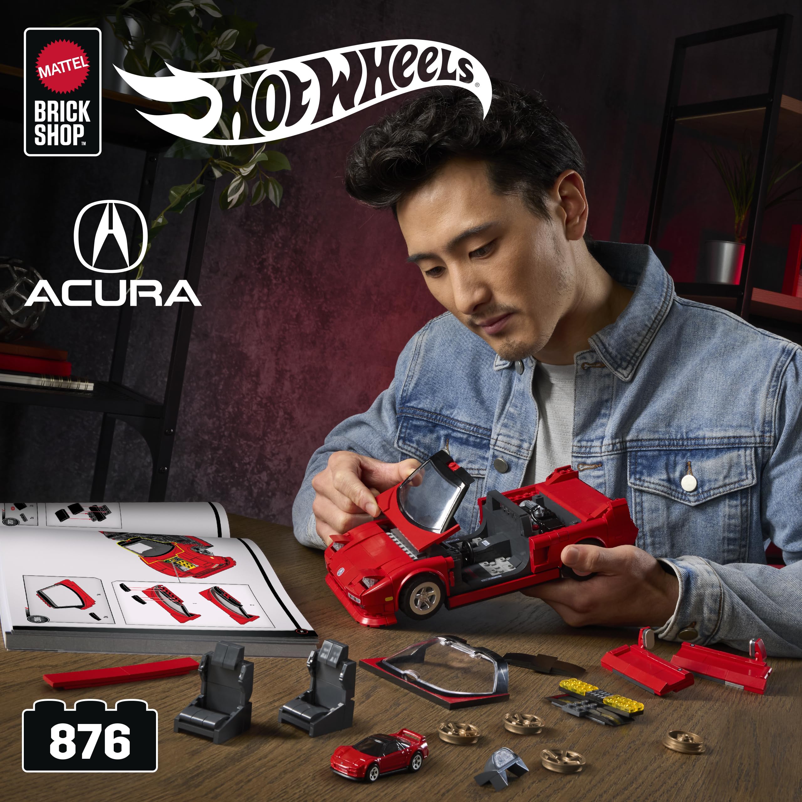 Mattel Brick Shop Hot Wheels Elite Series ’90 Acura NSX zestaw | 876 elementów, realistyczne detale, naklejki, metalowy model 1:64, dla kolekcjonerów i dzieci 10+, JFT17