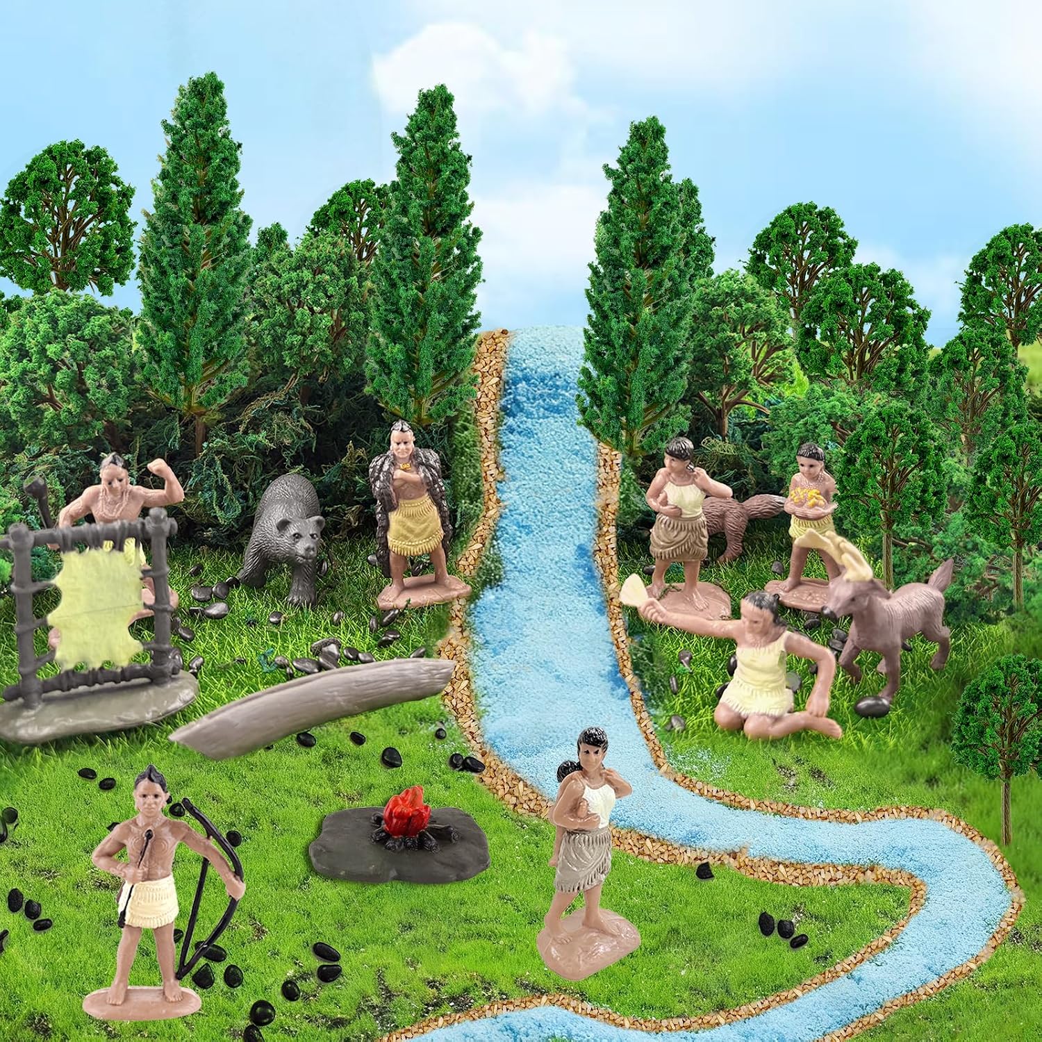 Condition photo showing As Is for native american figurines set miniture indian figure toys indian figurines for kids powhatan indians figures playset includes camp fire deer bear fox trees for birthday diorama school projects 32 pcs