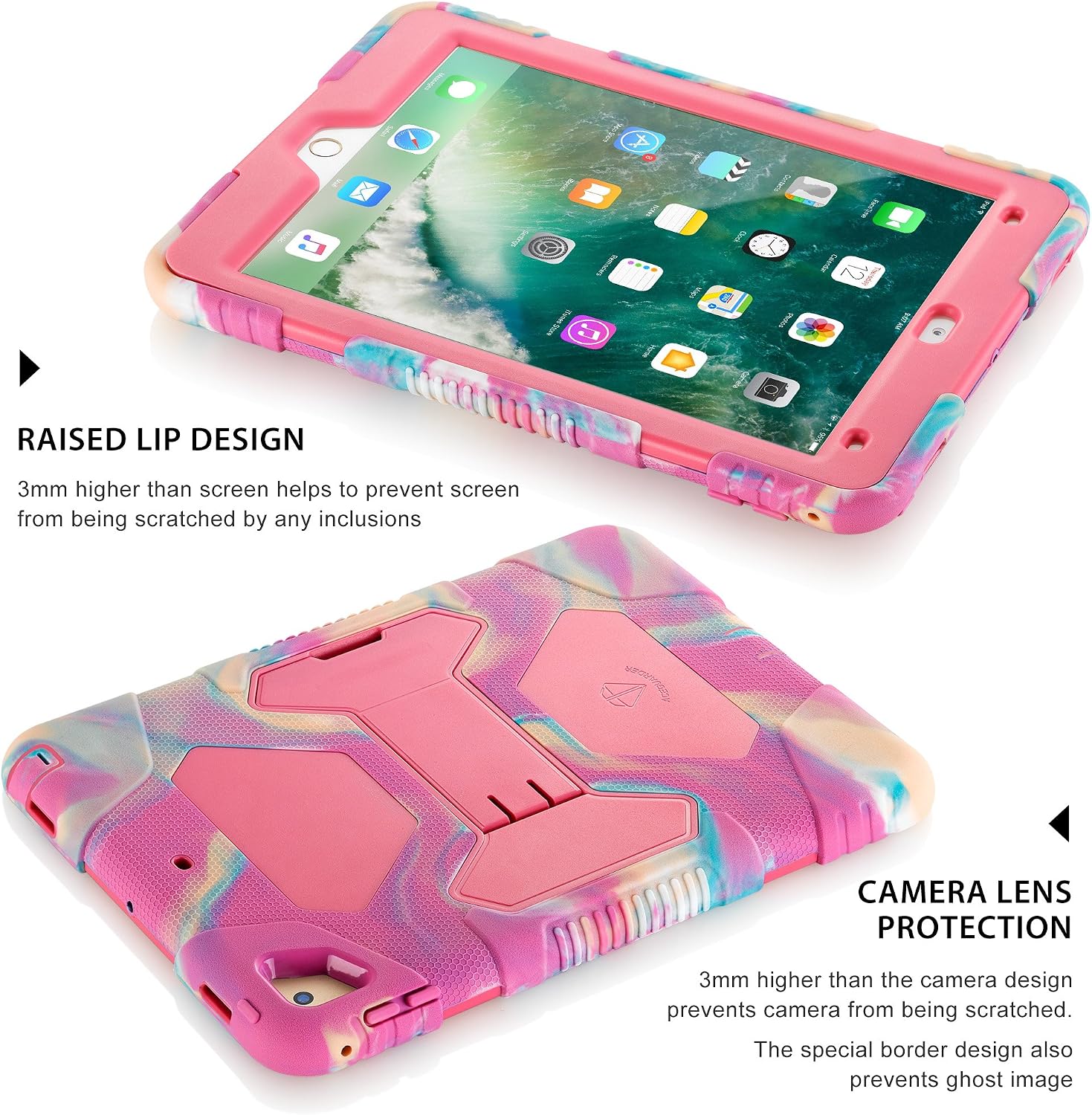iPad 9.7 2018/2017, iPad Air 2, iPad Pro 9.7 Case for Kids Full Body Protective Shockproof Cover with Adjustable Kickstand for iPad 9.7 5th / 6th Generation (Camo/Pink)