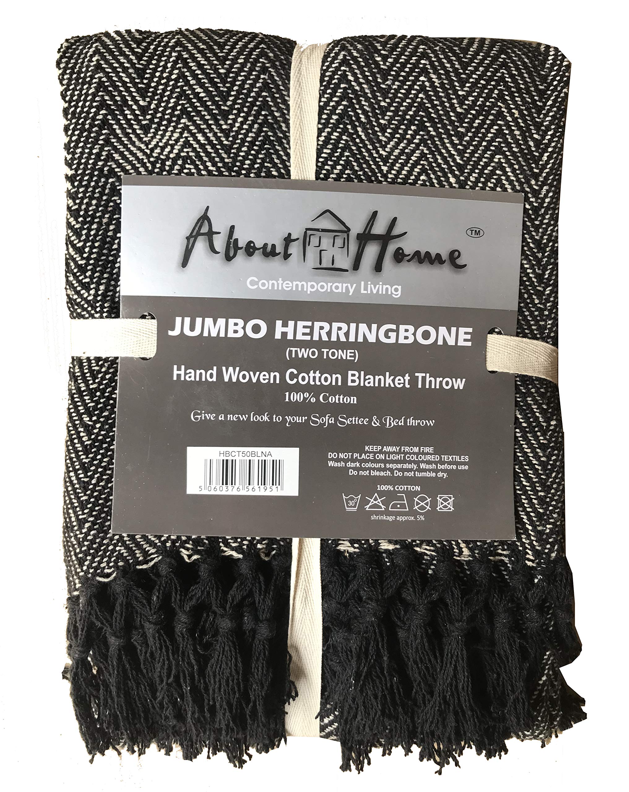 About Home Black/Natural Cotton Rich Herringbone Blanket Throw, Settee Cover (, 50"X60")